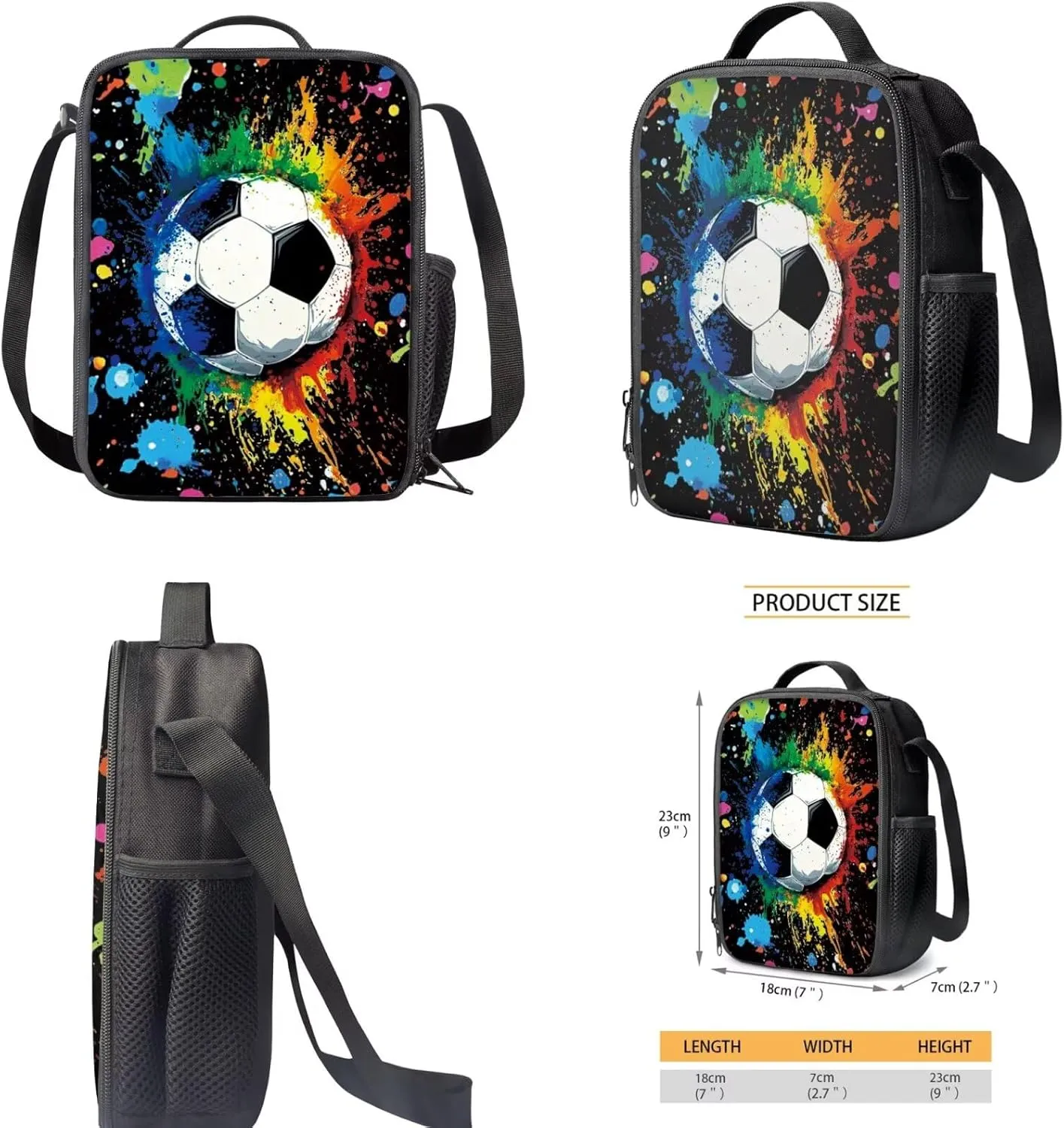 Graffiti Soccer Backpack for Boys 4-6 Large Capacity Bookbag with Lunchbox and 2 Leather Bookmarks 17 Inch School Bag Set 3 in 1 for Primary School Travel Daypack