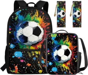Graffiti Soccer Backpack for Boys 4-6 Large Capacity Bookbag with Lunchbox and 2 Leather Bookmarks 17 Inch School Bag Set 3 in 1 for Primary School Travel Daypack