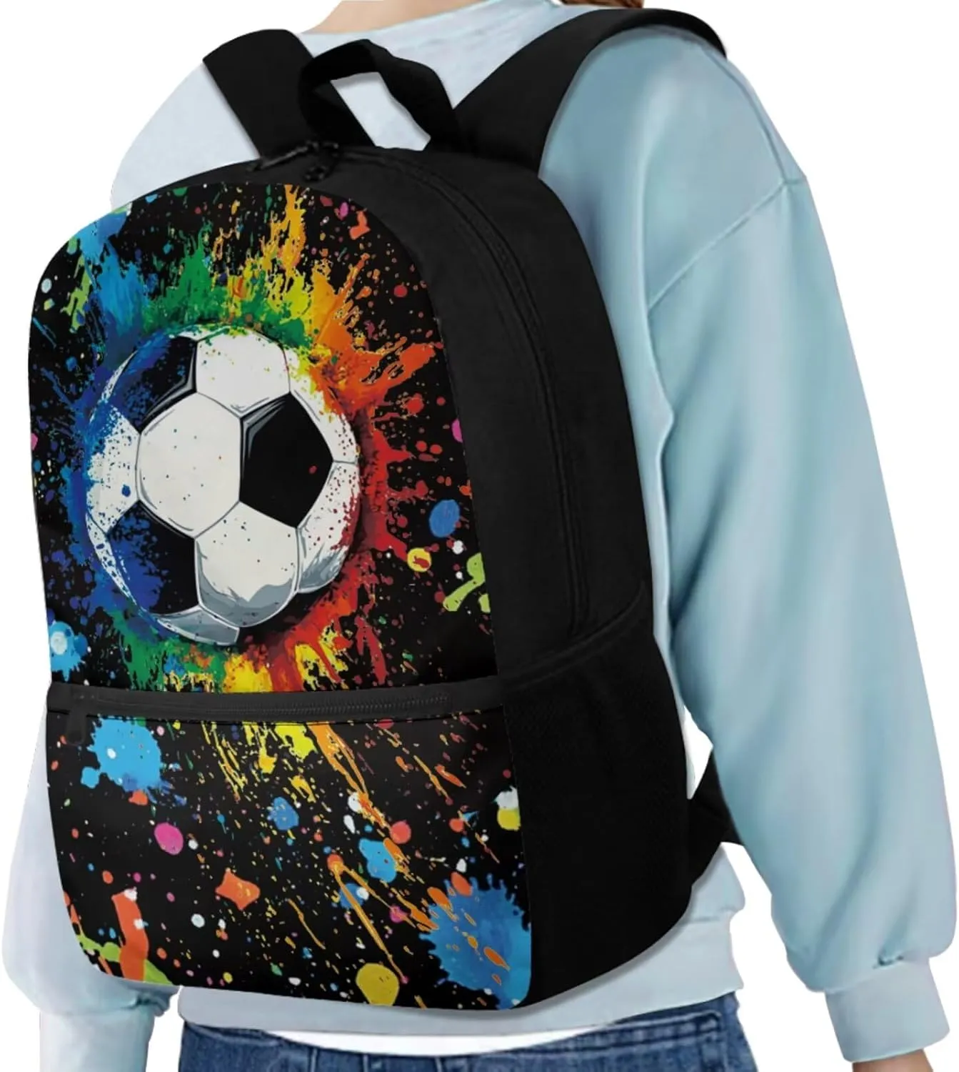 Graffiti Soccer Backpack for Boys 4-6 Large Capacity Bookbag with Lunchbox and 2 Leather Bookmarks 17 Inch School Bag Set 3 in 1 for Primary School Travel Daypack