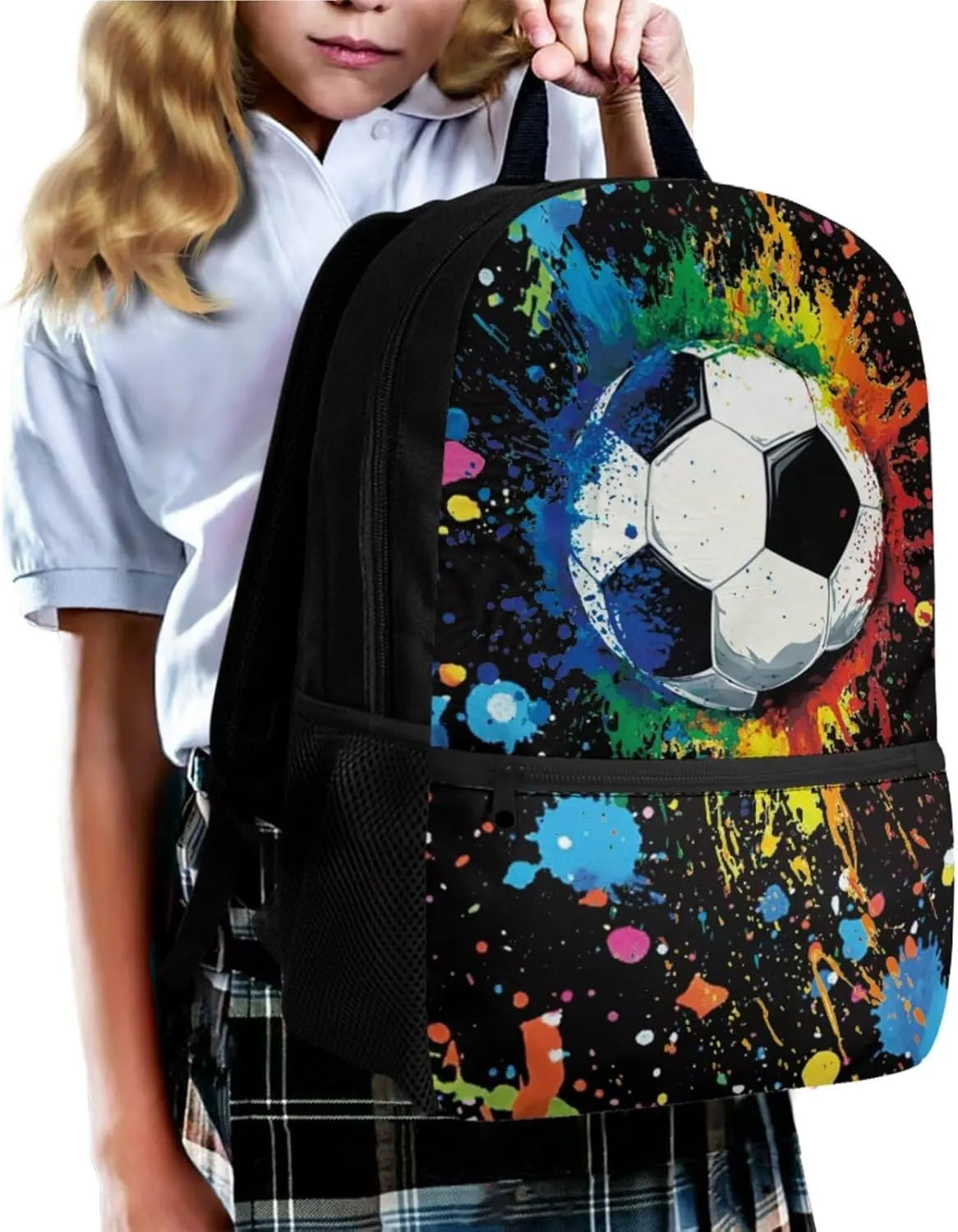 Graffiti Soccer Backpack for Boys 4-6 Large Capacity Bookbag with Lunchbox and 2 Leather Bookmarks 17 Inch School Bag Set 3 in 1 for Primary School Travel Daypack