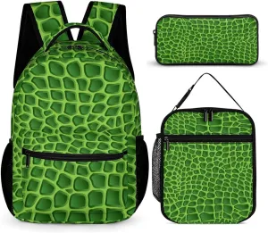 Green Crocodile Lizard Skin Cute Backpack Set with Lunch Bag and Pencil Case Lightweight Bags Sets