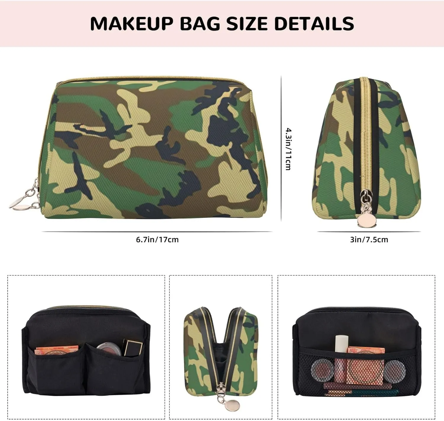 Green Military Camo Toiletry Pouch, Travel-Friendly Makeup Organizer For Makeup Brushes, Lipsticks