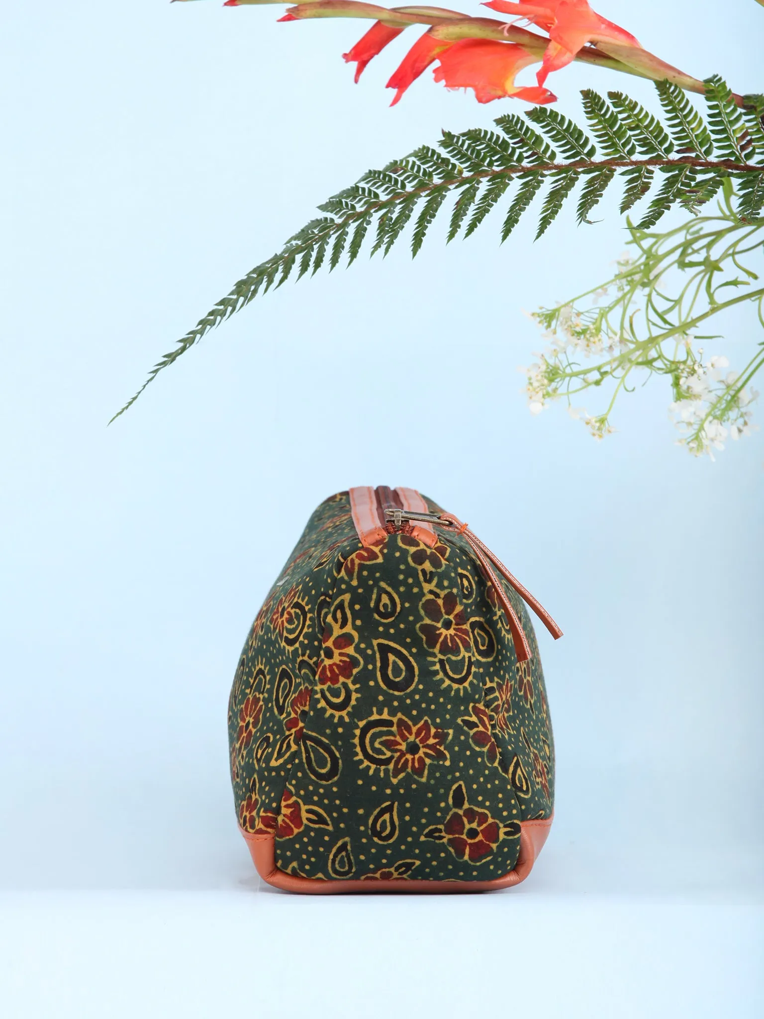 Green Red Ajrakh Hand Block Printed Utility Bag - B1601