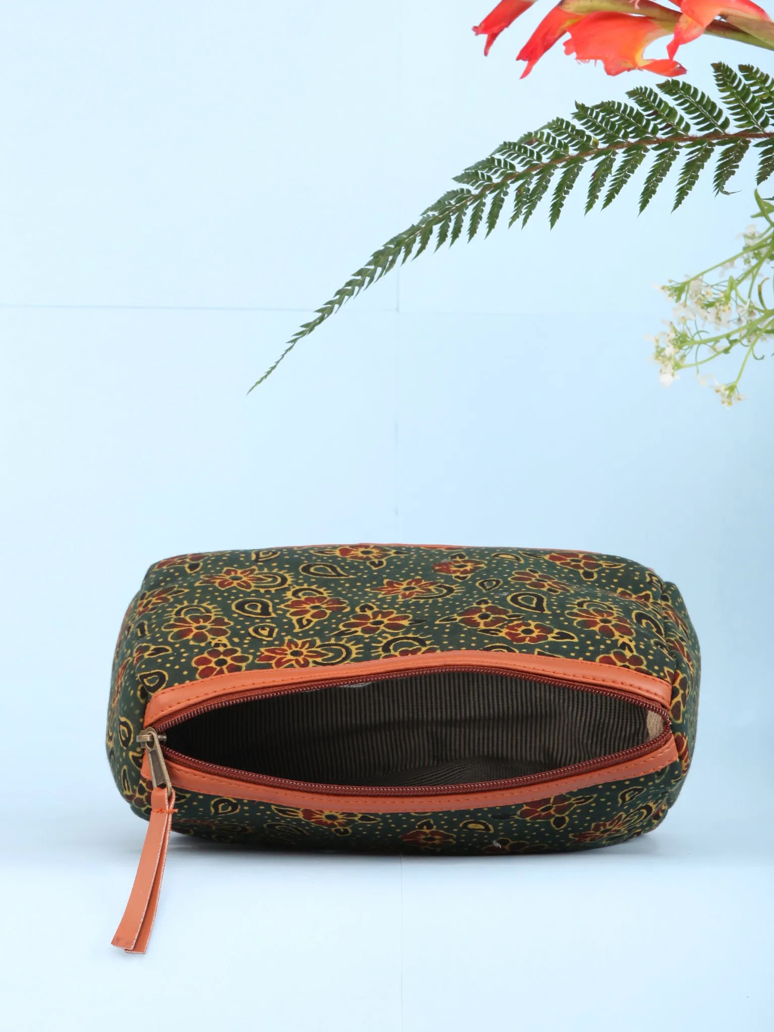 Green Red Ajrakh Hand Block Printed Utility Bag - B1601