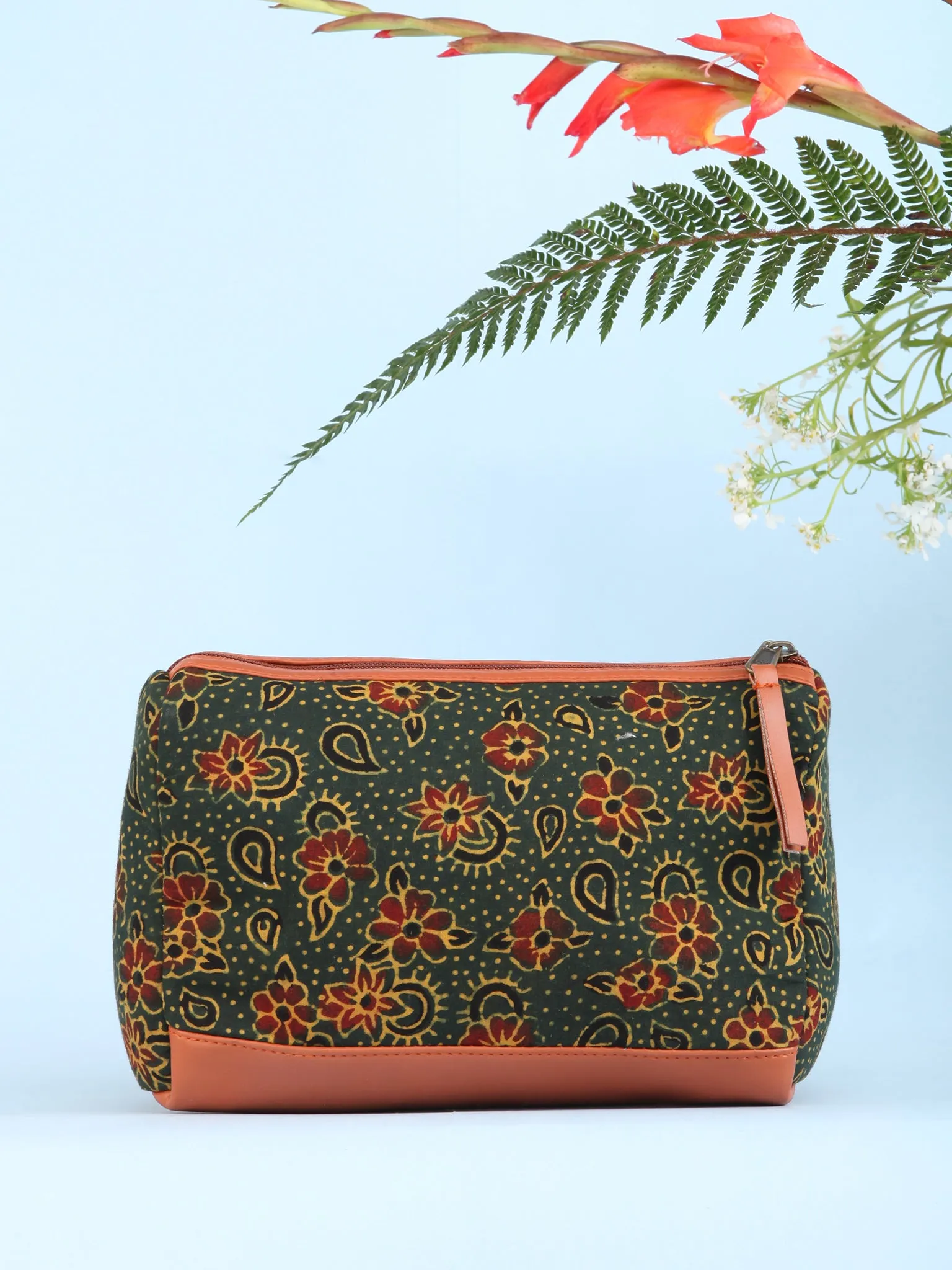 Green Red Ajrakh Hand Block Printed Utility Bag - B1601