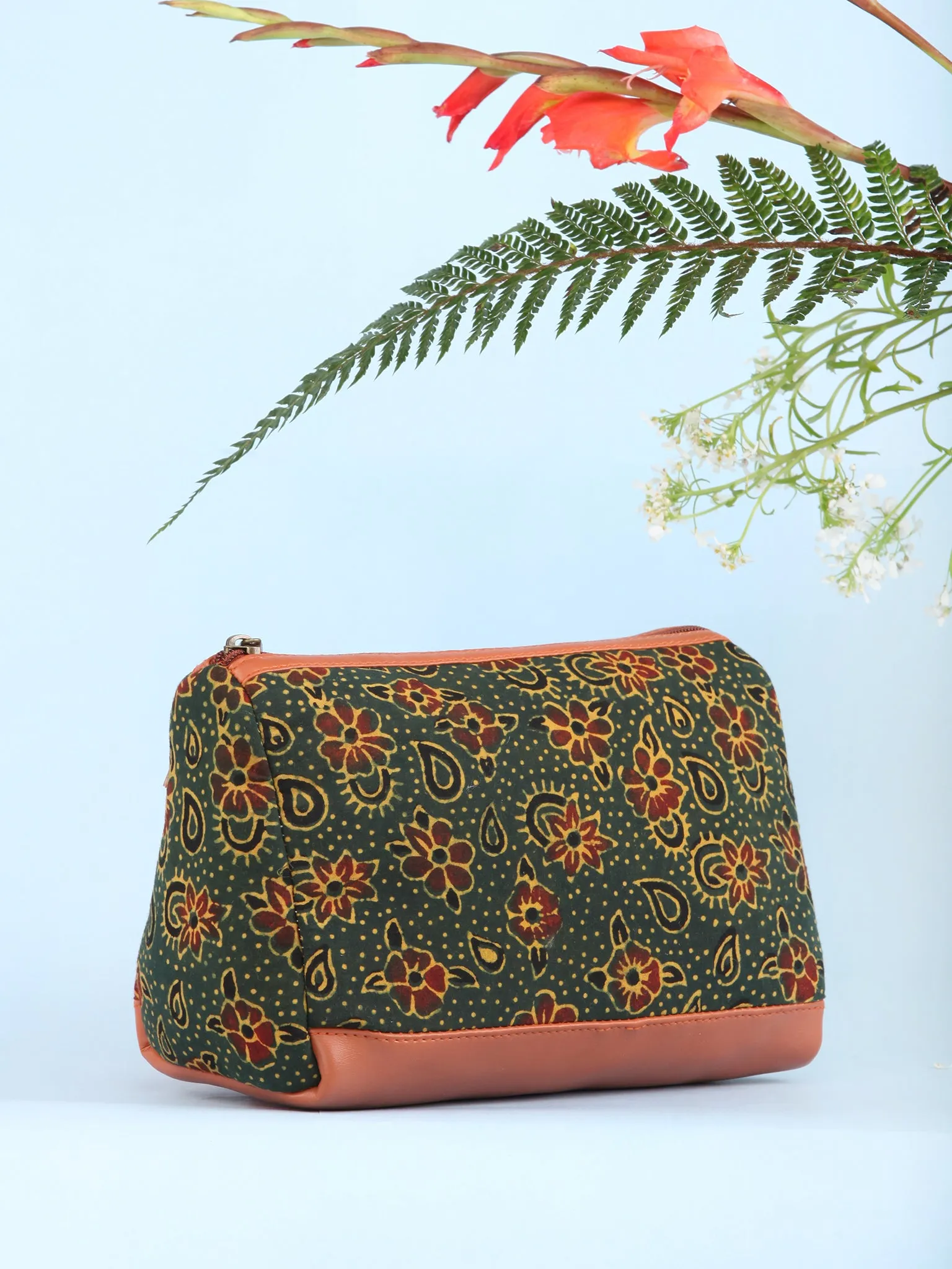 Green Red Ajrakh Hand Block Printed Utility Bag - B1601