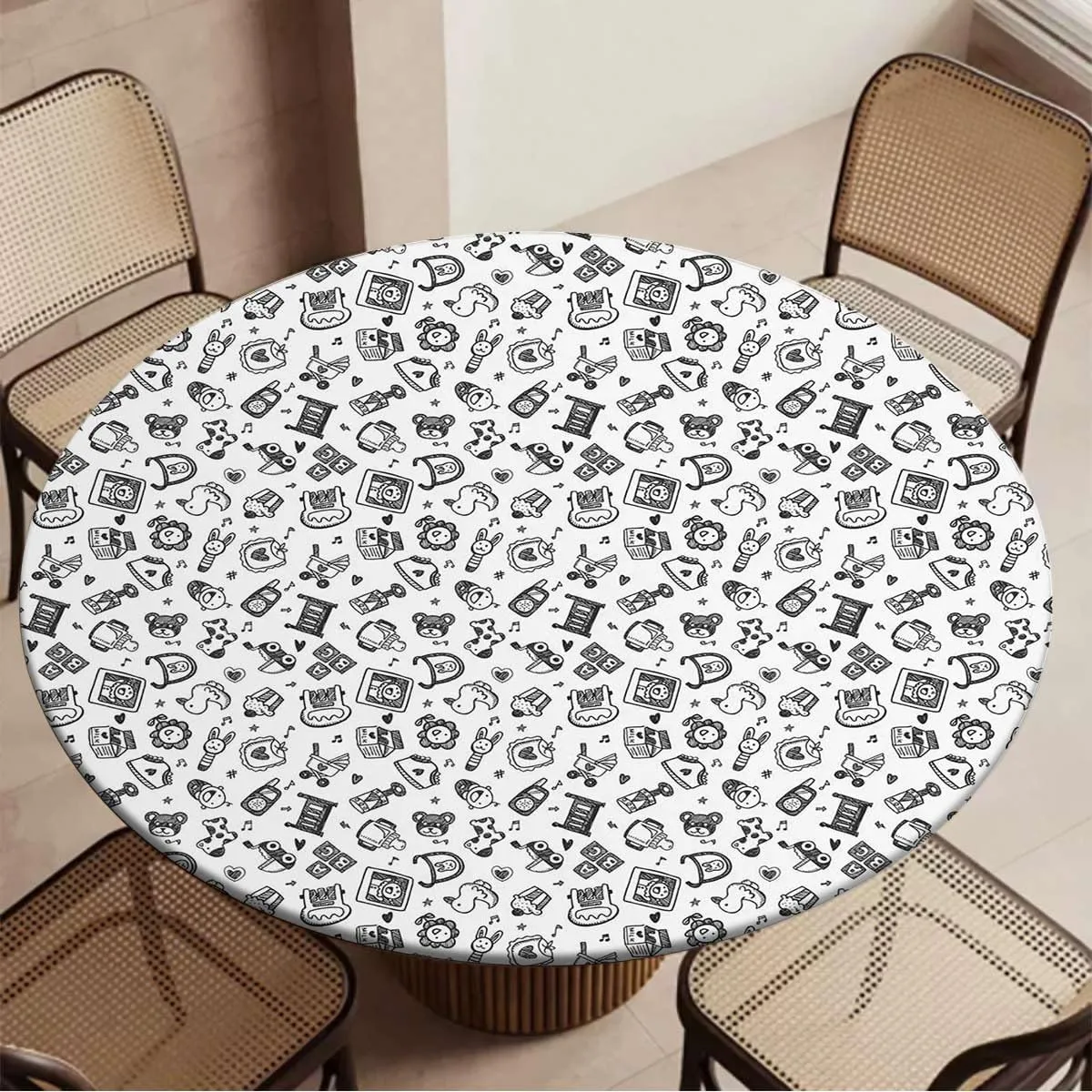 Green Waterproof Stain Resistant Stretch Tablecloth Hipster HDrawn Nostalgic Tablecloth Great for Indoor and Outdoor Dining and Playing Cards Fit for 40"-43" Diameter Table Modern Style