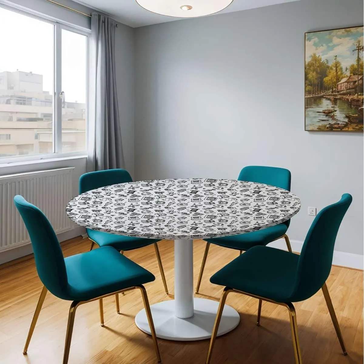 Green Waterproof Stain Resistant Stretch Tablecloth Hipster HDrawn Nostalgic Tablecloth Great for Indoor and Outdoor Dining and Playing Cards Fit for 40"-43" Diameter Table Modern Style
