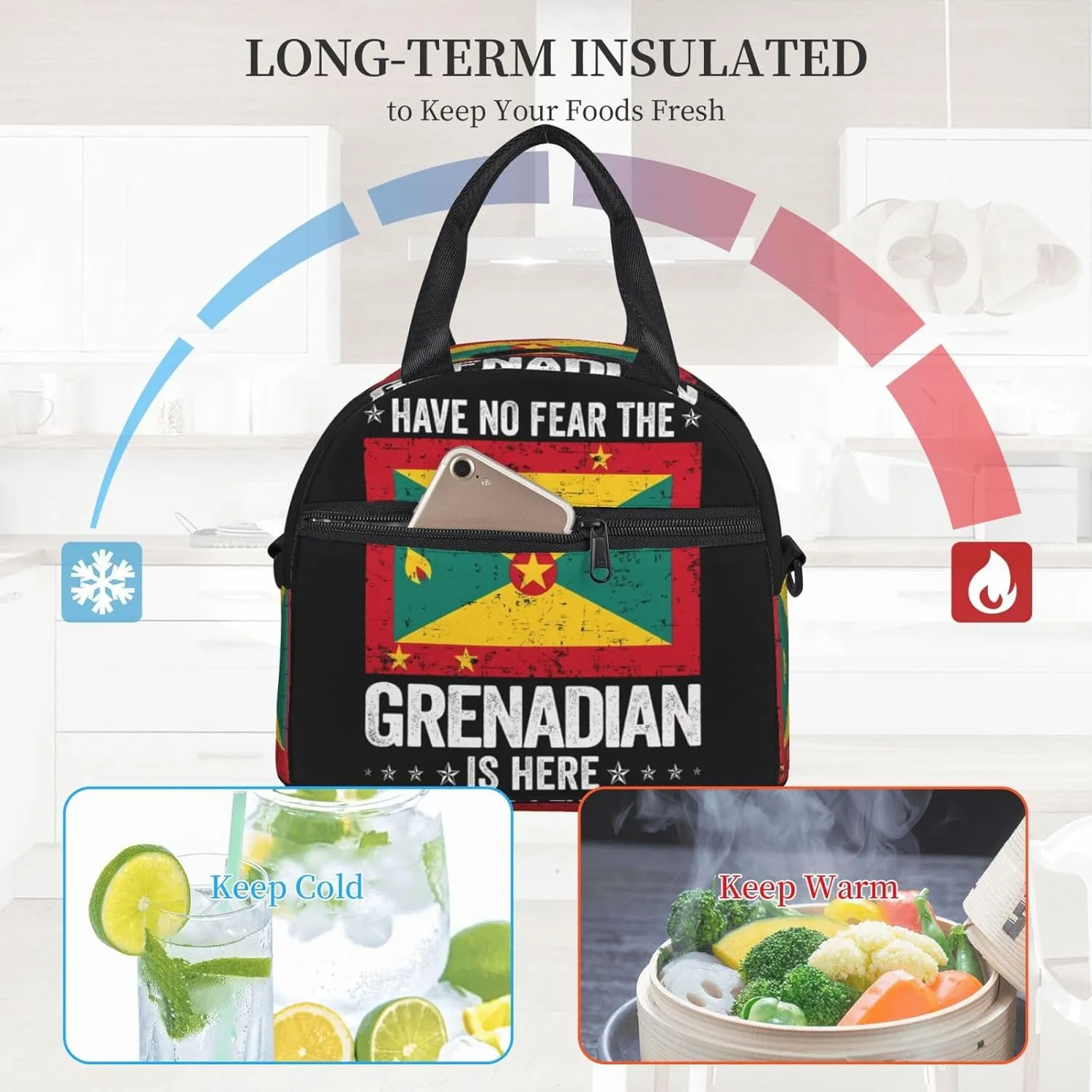 Grenada Flag Have No Fear The Grenadian Lunch Bag Portable Lunch Box Reusable Insulated Tote Bags Cooler Meal Organizer with Removable Shoulder Strap for Office Picnic Hiking