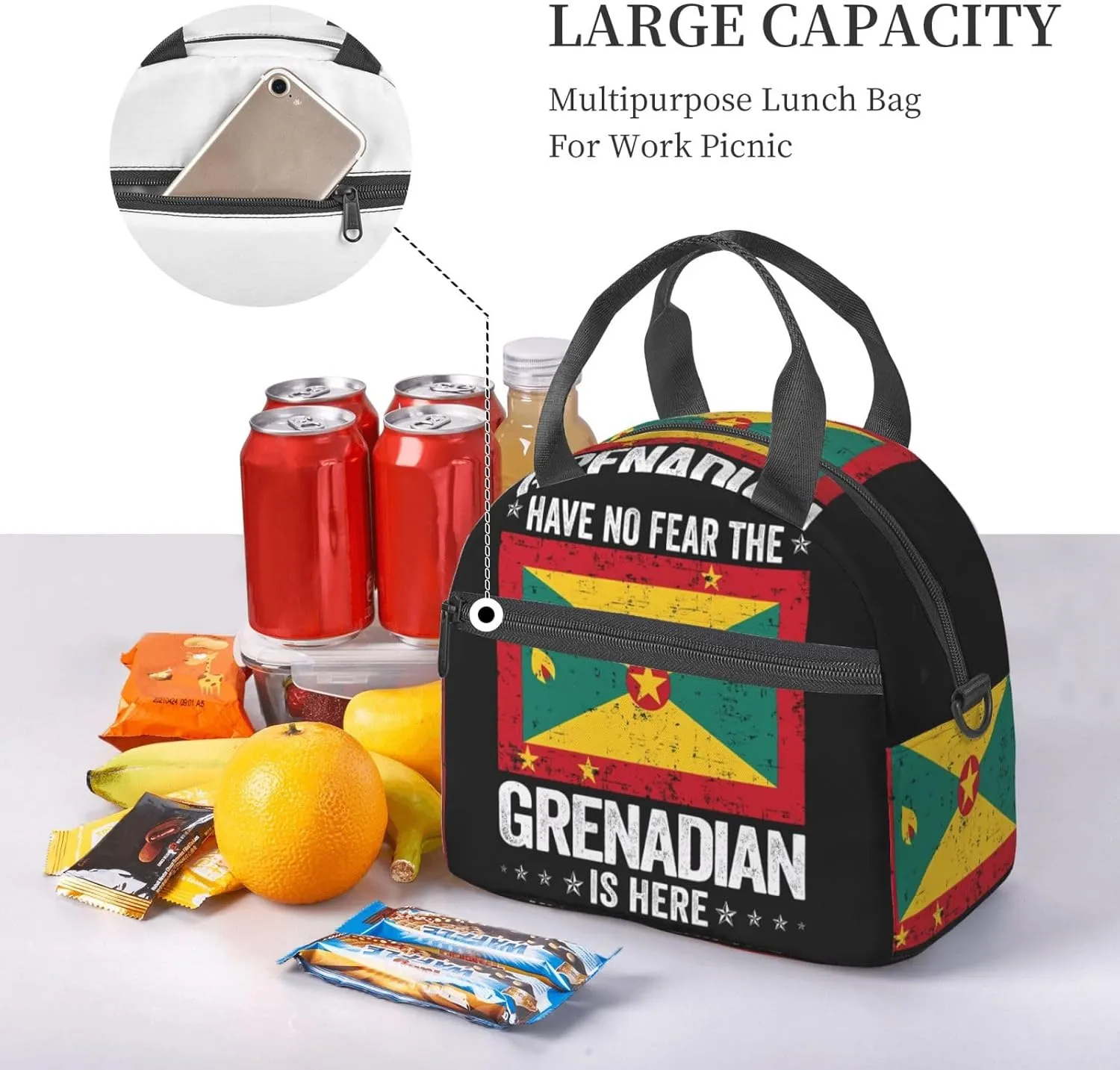Grenada Flag Have No Fear The Grenadian Lunch Bag Portable Lunch Box Reusable Insulated Tote Bags Cooler Meal Organizer with Removable Shoulder Strap for Office Picnic Hiking