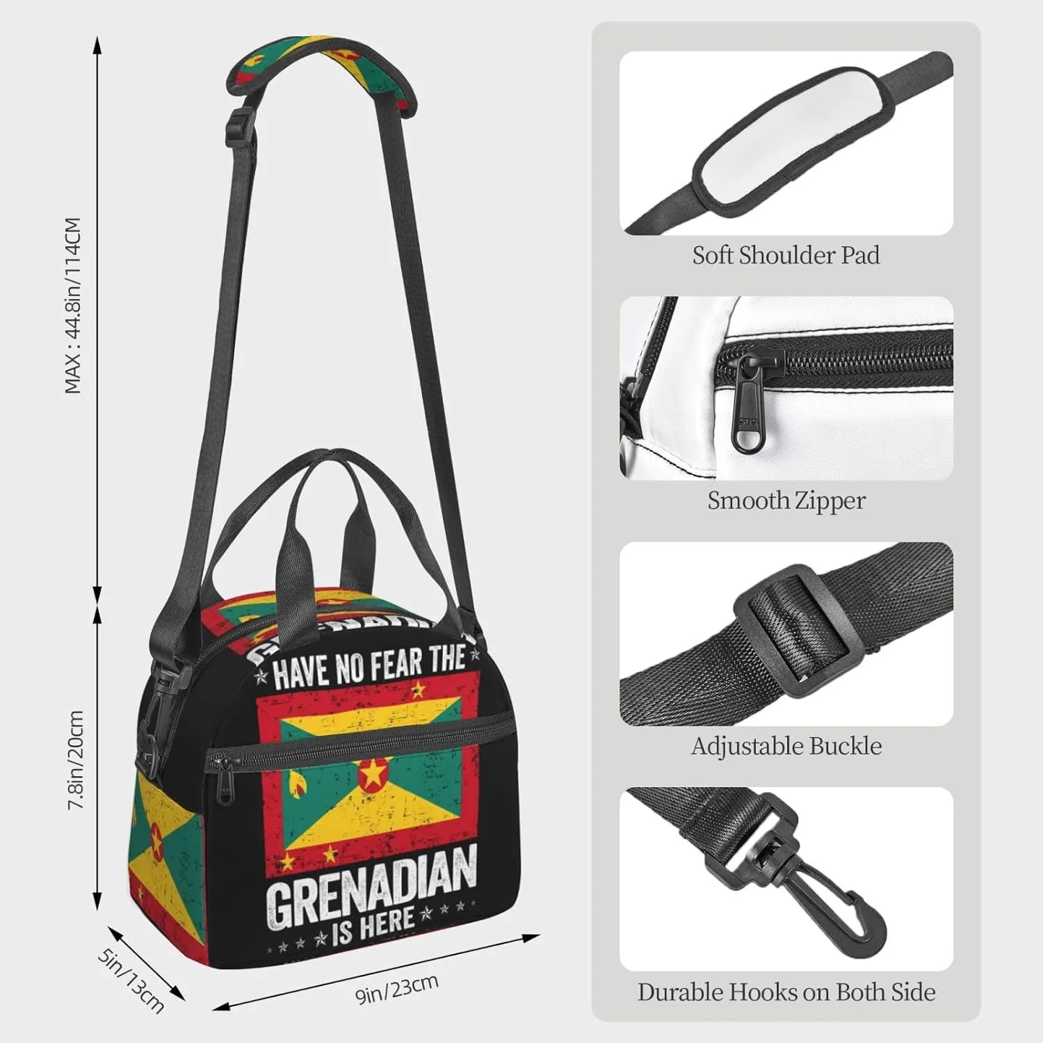 Grenada Flag Have No Fear The Grenadian Lunch Bag Portable Lunch Box Reusable Insulated Tote Bags Cooler Meal Organizer with Removable Shoulder Strap for Office Picnic Hiking