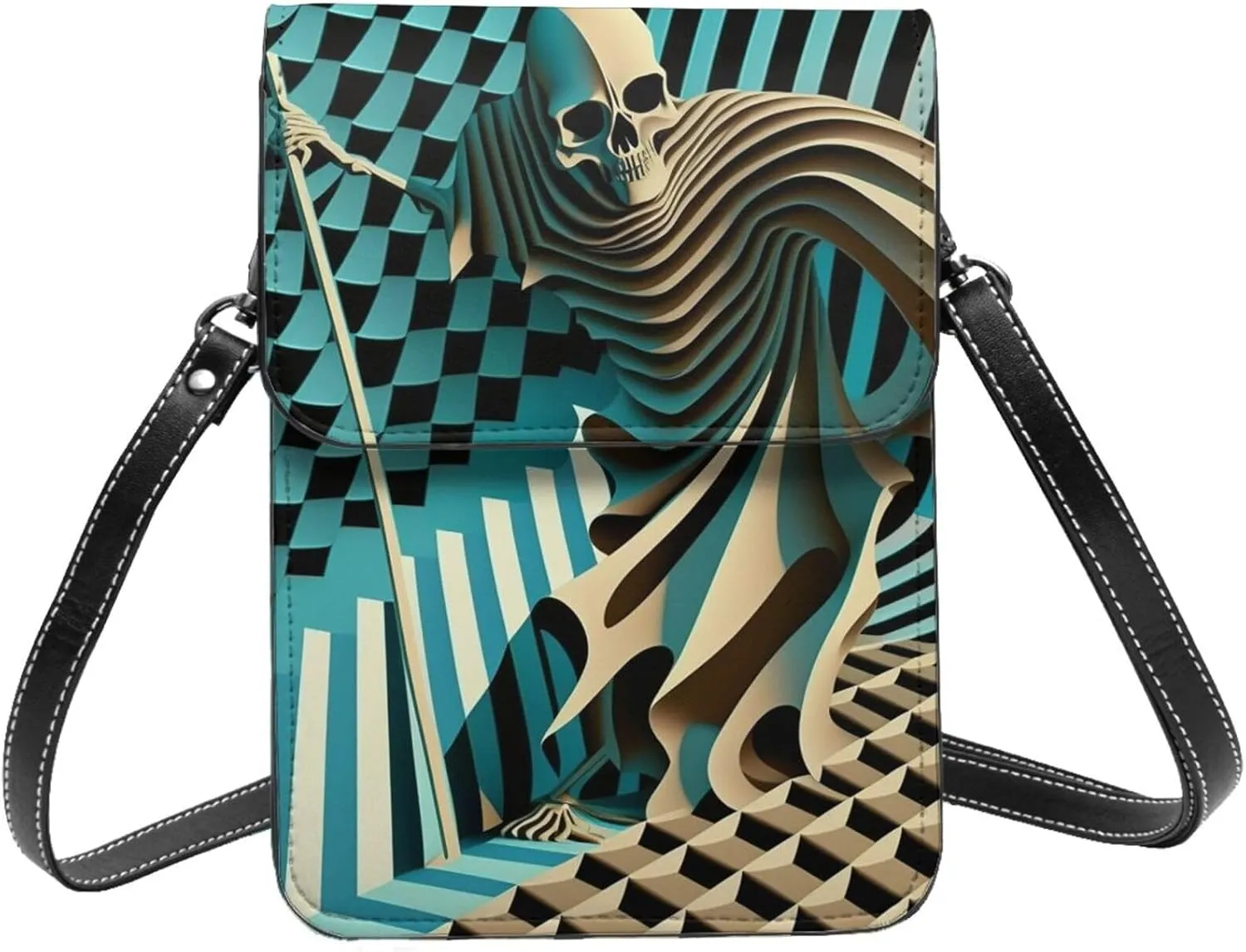 Grim reaper Skull Death Optical Art abstract Leather Small Crossbody Bags for Women Cell Phone Bag Wallet Purses with Adjustable Strap