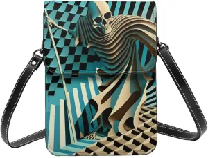 Grim reaper Skull Death Optical Art abstract Leather Small Crossbody Bags for Women Cell Phone Bag Wallet Purses with Adjustable Strap