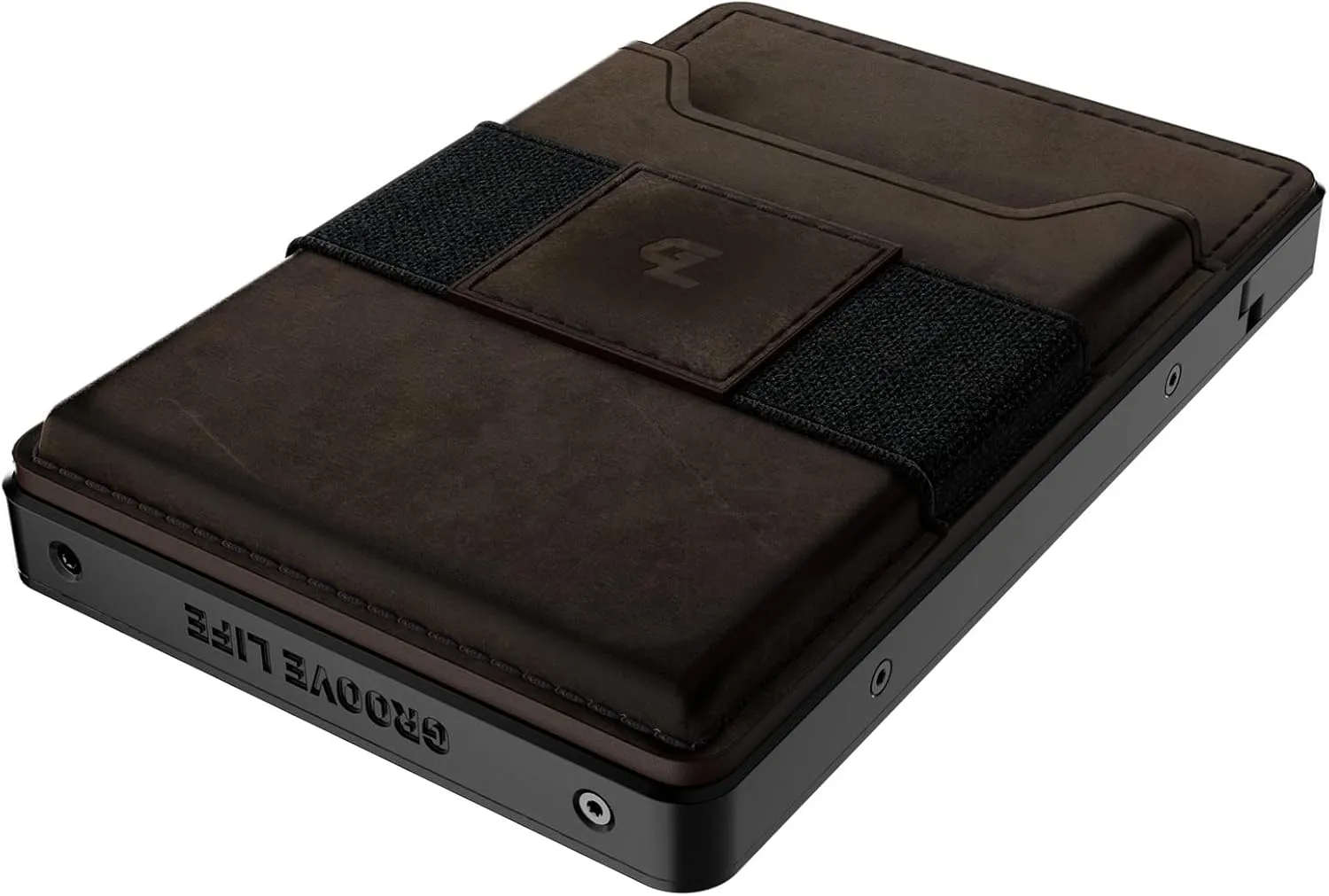 Groove Life Groove Wallet Black/Brown Leather Go Mens Minimalist Aluminum Credit Card Holder, Magnetic Thumb Swipe, RFID Blocking, Magsafe, Genuine Leather Attachment, Lifetime Coverage