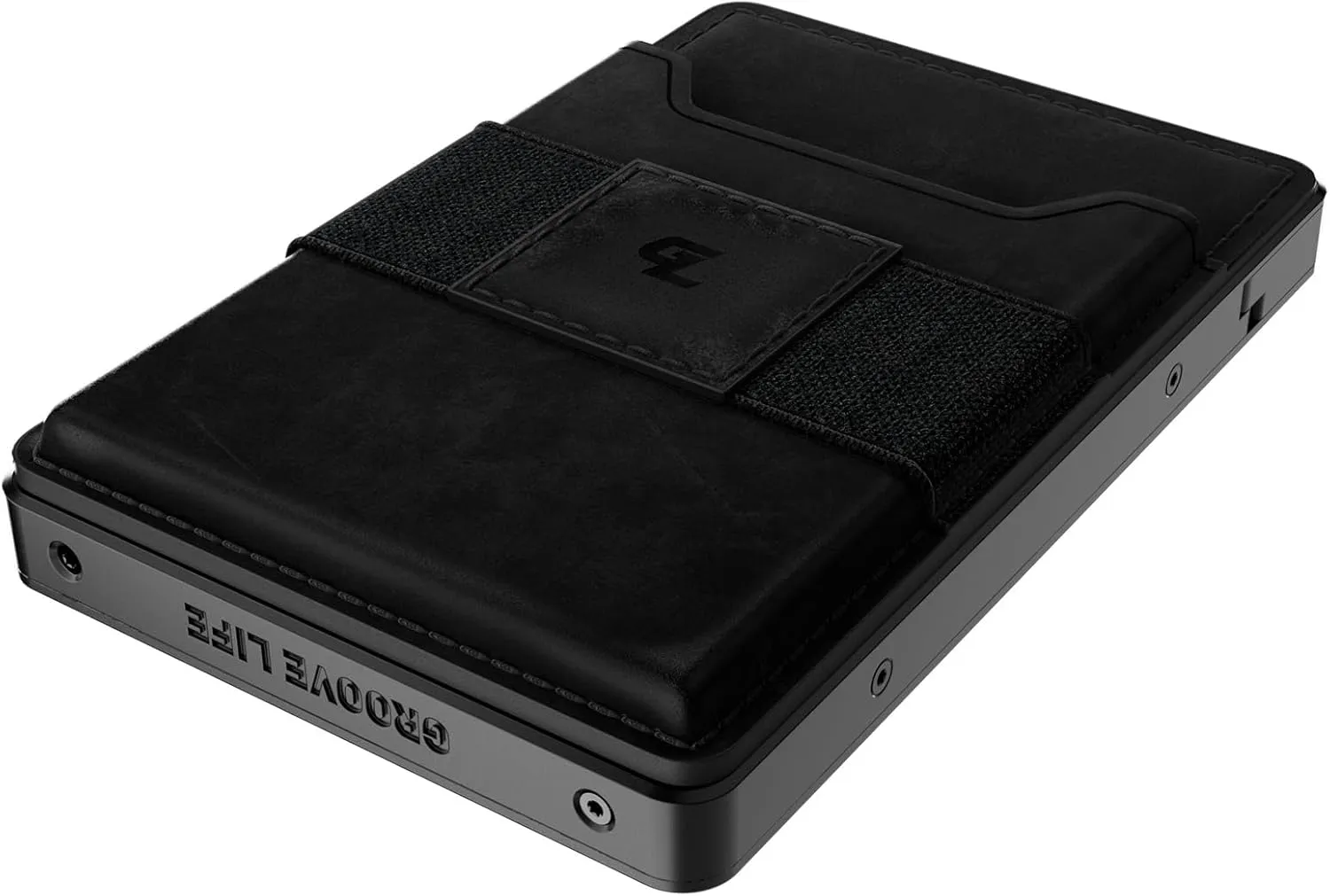 Groove Life Groove Wallet Gun Metal/Black Leather Go Mens Minimalist Aluminum Credit Card Holder, Magnetic Thumb Swipe, RFID Blocking, Magsafe, Genuine Leather Attachment, Lifetime Coverage