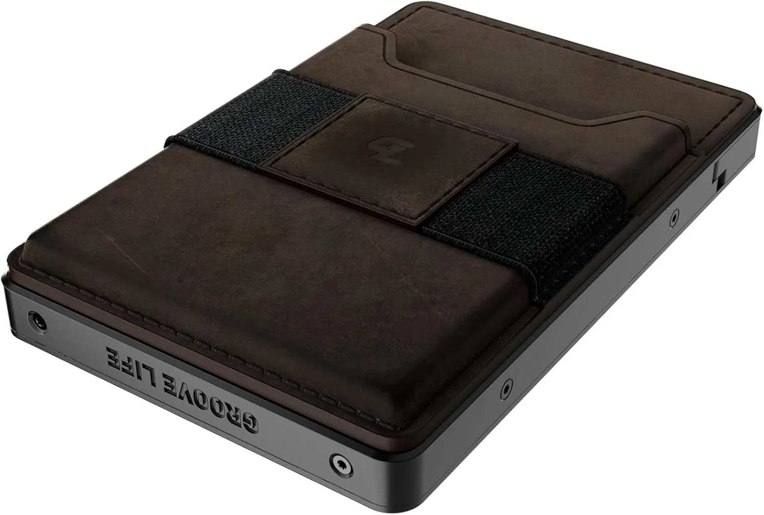 Groove Life Groove Wallet Gun Metal/Brown Leather Go Mens Minimalist Aluminum Credit Card Holder, Magnetic Thumb Swipe, RFID Blocking, Magsafe, Genuine Leather Attachment, Lifetime Coverage
