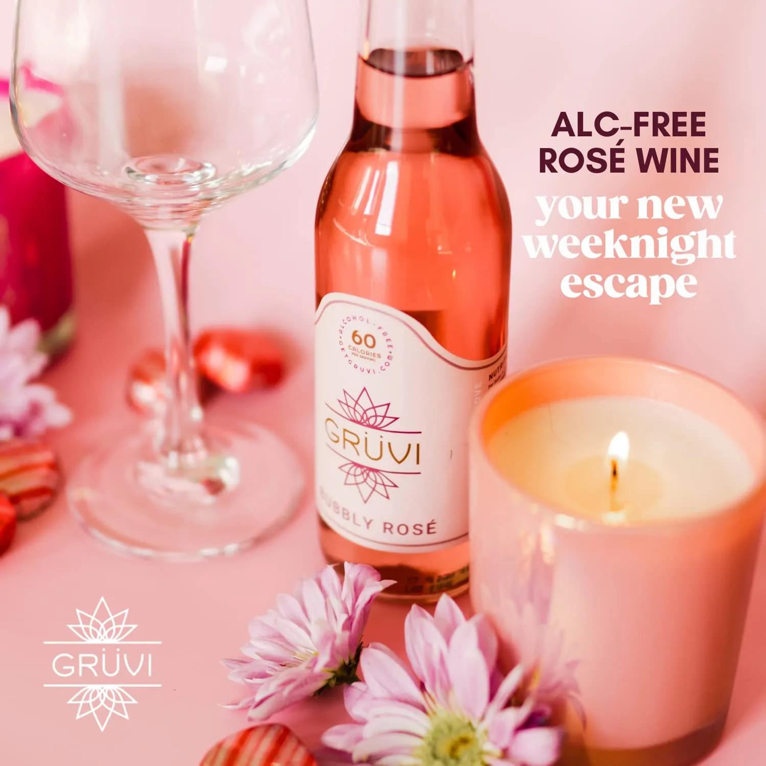 Gruvi Non-Alcoholic Bubbly Rose, 8 Bottles, 60 calories per serving, 0% ABV, Non Alcoholic Sparkling Wine, Zero Alcohol Wine