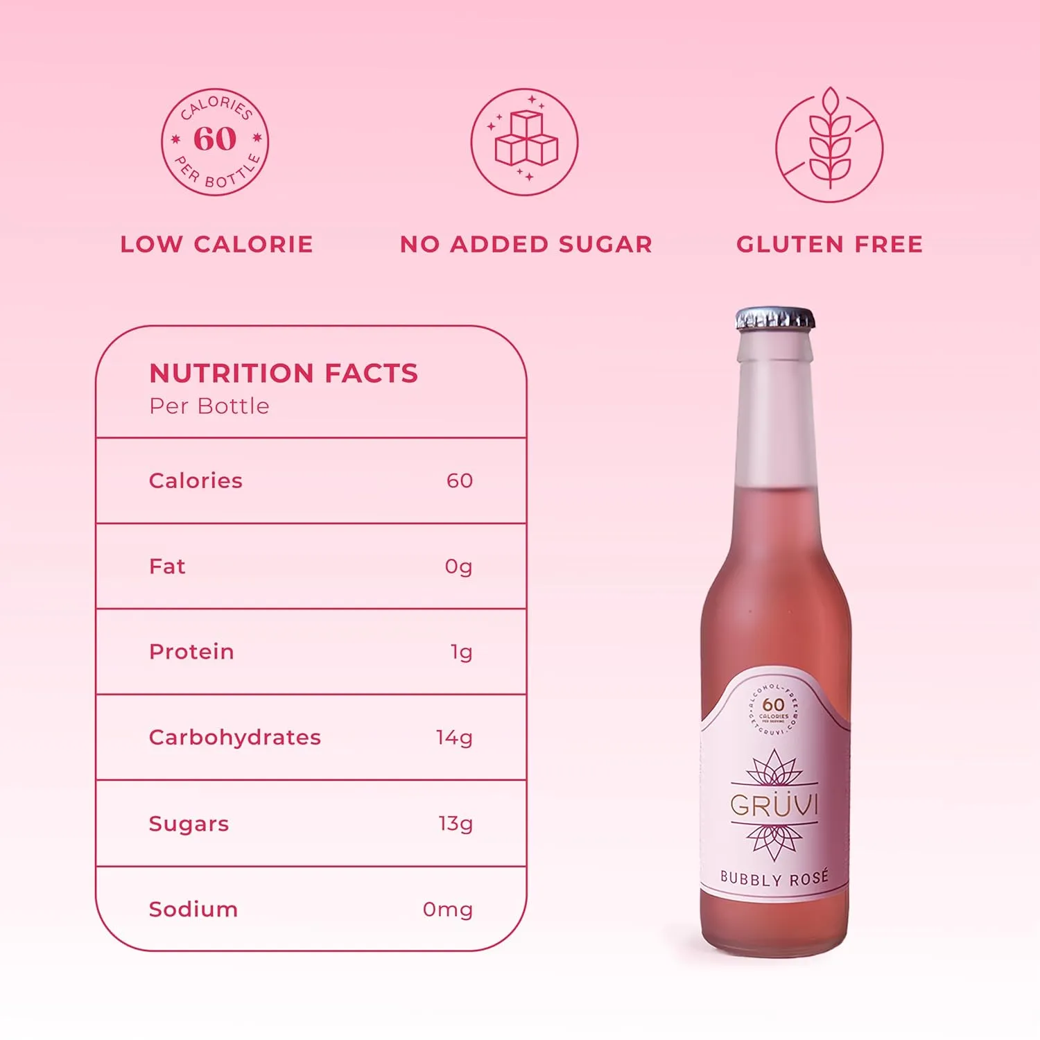 Gruvi Non-Alcoholic Bubbly Rose, 8 Bottles, 60 calories per serving, 0% ABV, Non Alcoholic Sparkling Wine, Zero Alcohol Wine