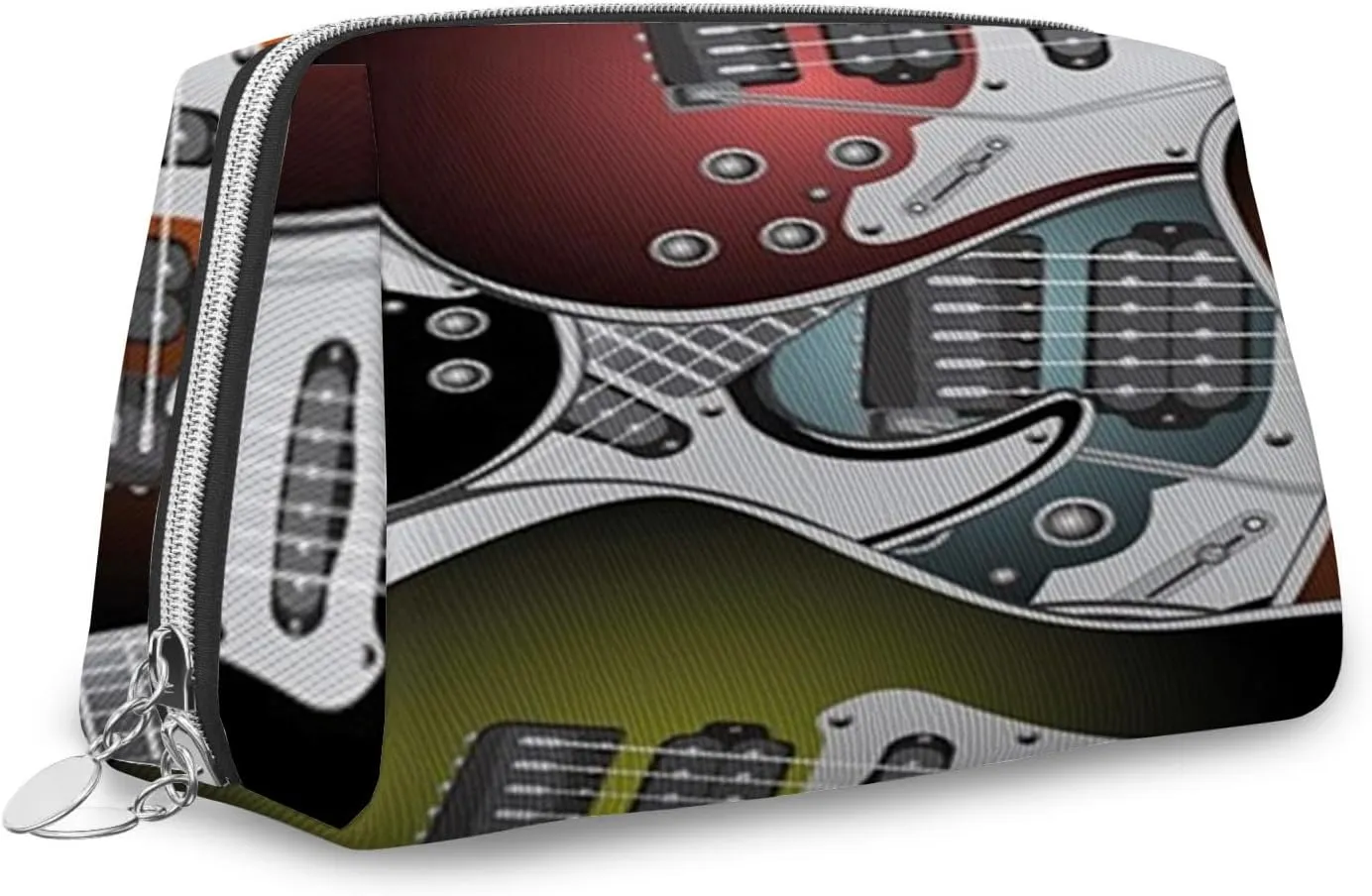 Guitars,Leather Large Makeup Bag Zipper Pouch,Pile of Graphic Colorful Guitars,Travel Cosmetic Organizer for Women and Girls,Multicolor,M