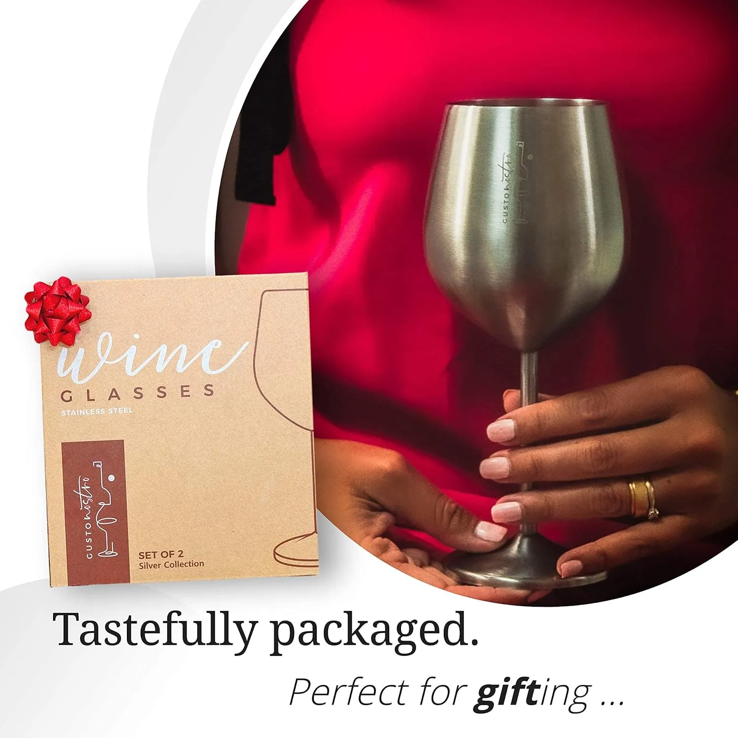 Gusto Nostro Stainless Steel Wine Glass - 18 oz - Cute, Unbreakable Wine Glasses for Travel, Camping and Pool - Fancy, Unique and Cool Portable Metal Wine Glass for Outdoor Events, Picnics (Set of 2)