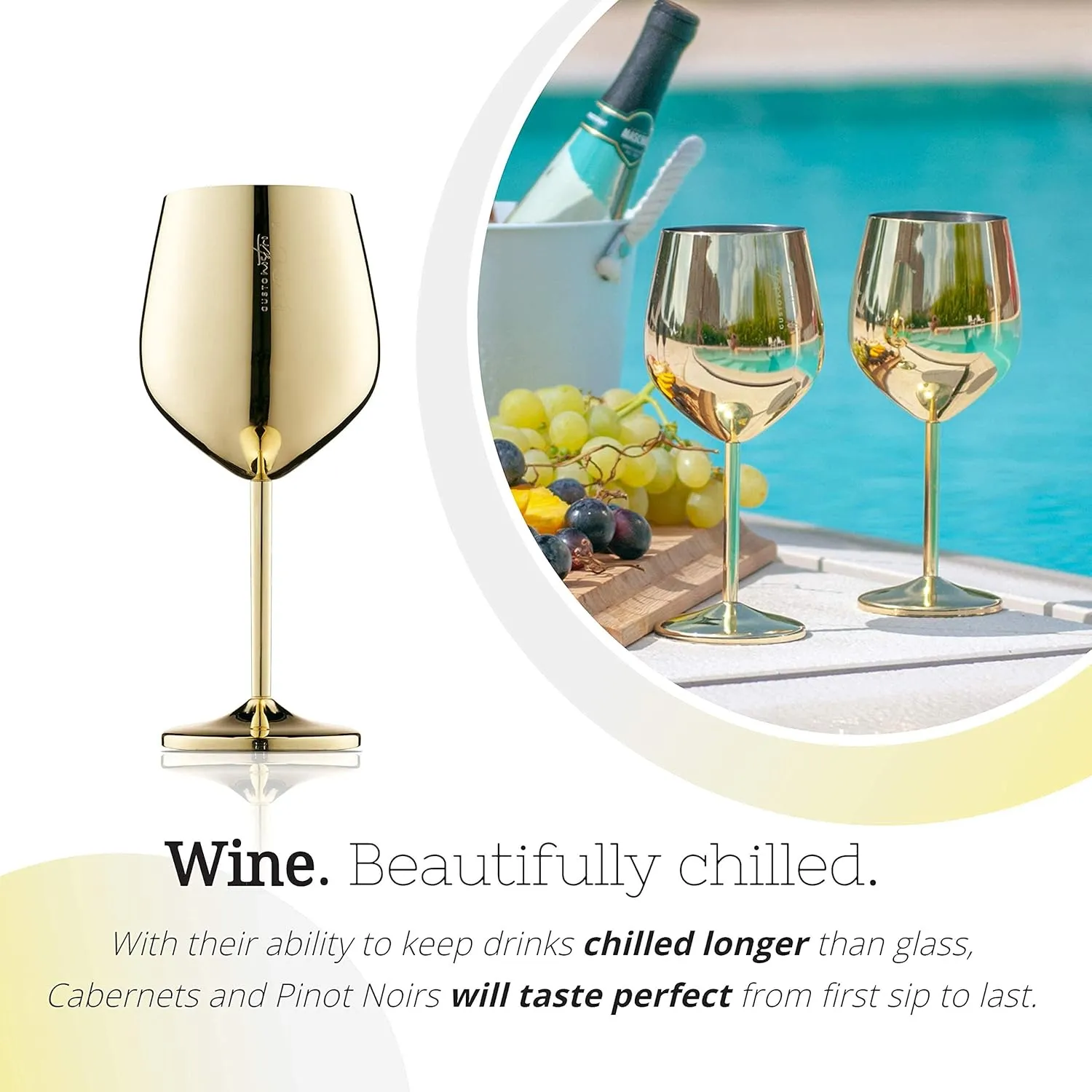 Gusto Nostro Stainless Steel Wine Glass - 18 oz Unbreakable Gold Wine Glasses for Travel, Camping and Pool - Fancy, Unique and Cute Portable Metal Wine Glass for Outdoor Events, Picnics (Set of 2)