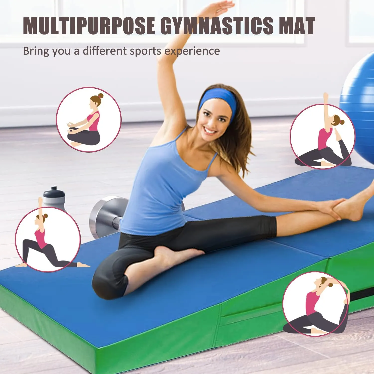 Gymnastics Mat Tumbling Mat for Home 48"x24" Incline Mat with Handles Folding Wedge mats for Tumbling Yoga,Gym,Core Workouts,Stretching