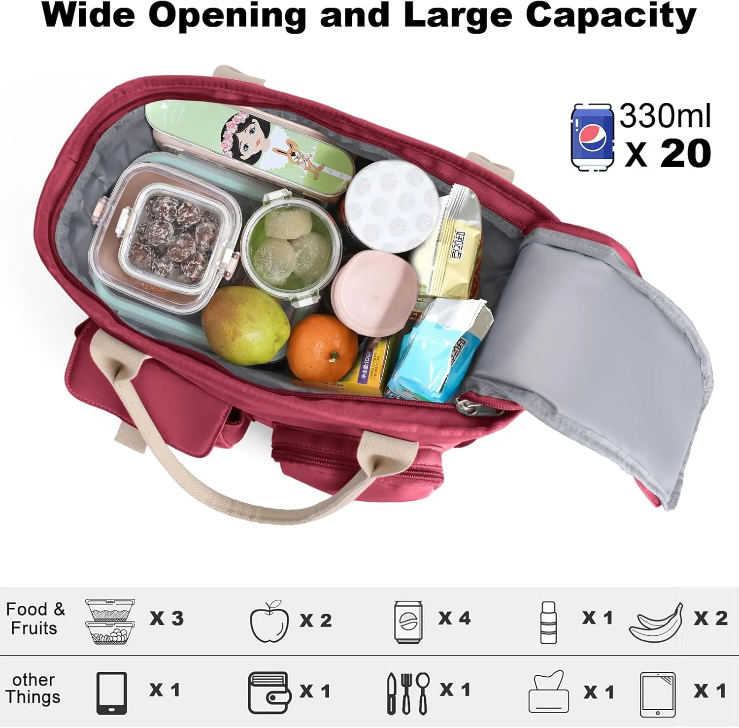 Hafmall Large Insulated Lunch Bag for Adults, Wide Opening Insulated Bag with Shoulder Strap,Loncheras para Mujer, Reusable Adult Lunch Tote Bag For Work, Picnic(Red)