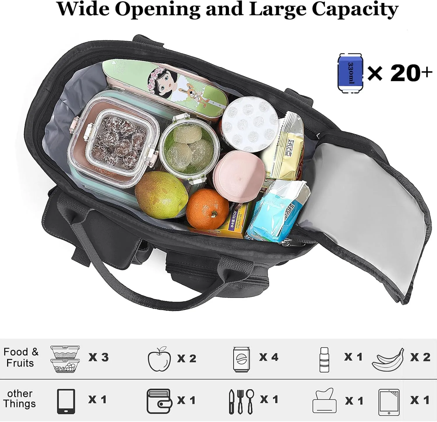 Hafmall Large Insulated Lunch Bag for Women Men, Leakproof Lunch Box for Adults, Wide Opening Lunch Tote Bag with Shoulder Strap, Reusable Lunch Cooler Bag for Work, Picnic, Black