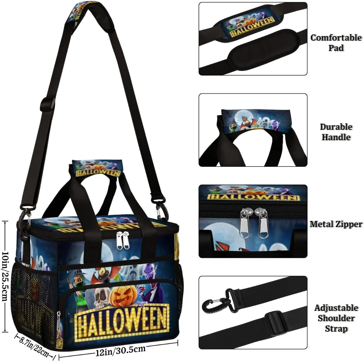 Halloween Topic Insulated Lunch Bag for Women Men Large Adult Leakproof Lunch Box with Adjustable Shoulder Strap Reusable Cooler Tote Bag for Work Office Picnic Beach