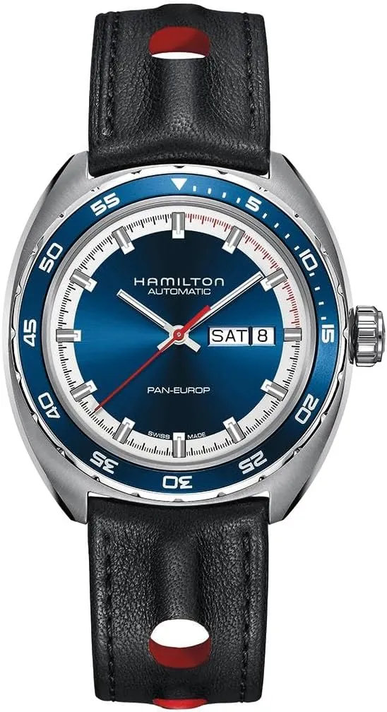 Hamilton Watch American Classic Pan Europ Day Date Auto | Swiss Made | 42mm Stainless Steel Case | Blue Dial Analog Watch | Black Leather Strap (Model: H35405741)
