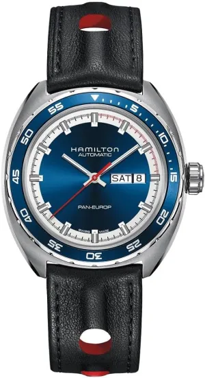 Hamilton Watch American Classic Pan Europ Day Date Auto | Swiss Made | 42mm Stainless Steel Case | Blue Dial Analog Watch | Black Leather Strap (Model: H35405741)