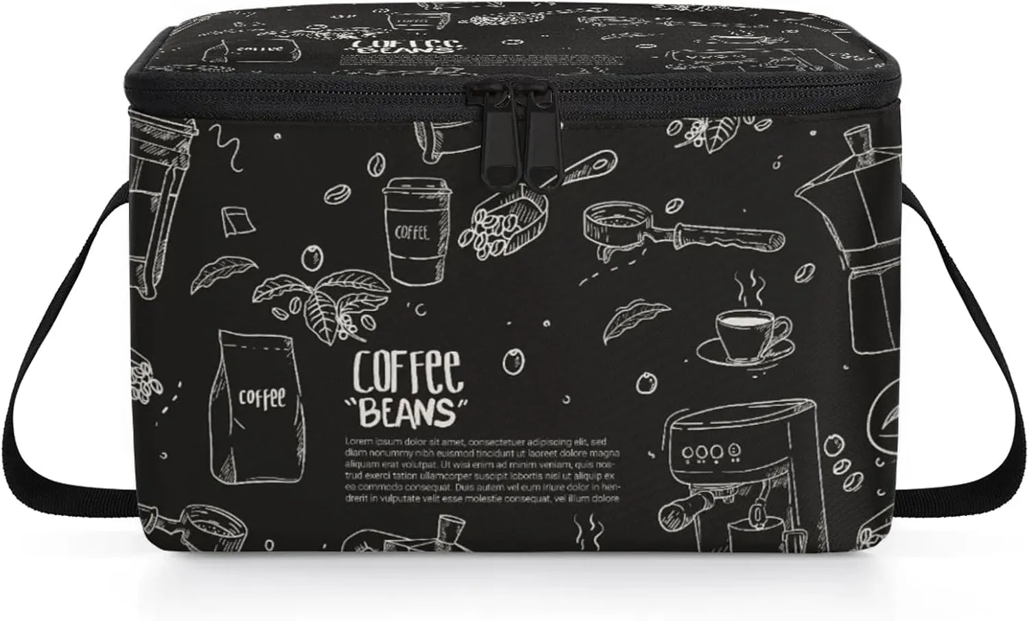 Hand Drawn Coffee Equipment Composition Background Lunch Bag Insulated Reusable Adult Large Lunch Box with Adjustable Shoulder and Zipper Canvas Cooler Tote Bag for Office Work Picnic Outdoor