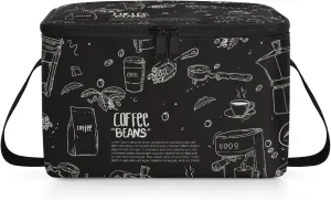 Hand Drawn Coffee Equipment Composition Background Lunch Bag Insulated Reusable Adult Large Lunch Box with Adjustable Shoulder and Zipper Canvas Cooler Tote Bag for Office Work Picnic Outdoor