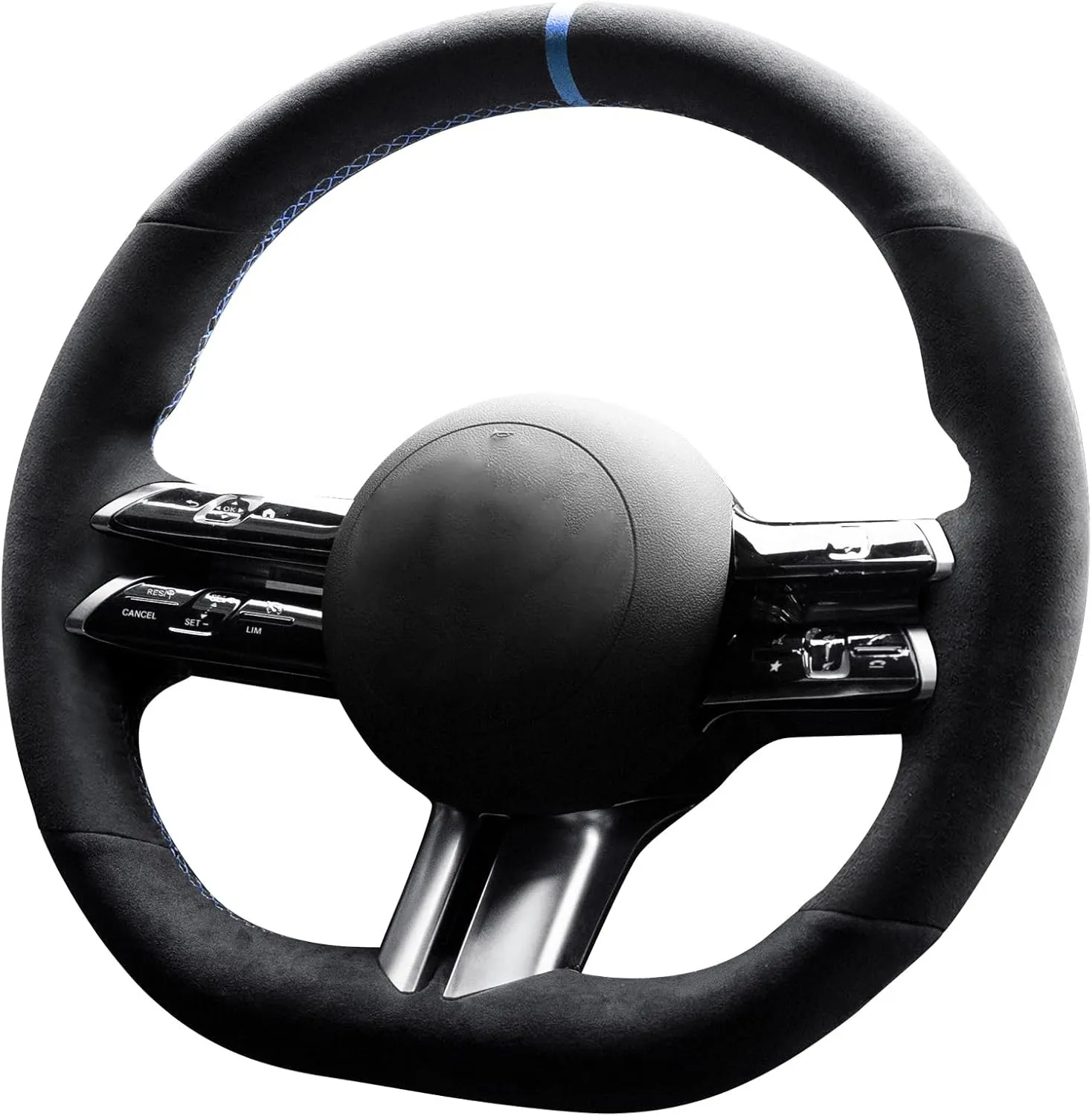 Hand Stitch Steering Wheel Cover Fits Alcantara Material for Mercedes Benz C-Class W206 E-Class W213 S-Class W223 (Blue Stripe)