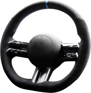 Hand Stitch Steering Wheel Cover Fits Alcantara Material for Mercedes Benz C-Class W206 E-Class W213 S-Class W223 (Blue Stripe)