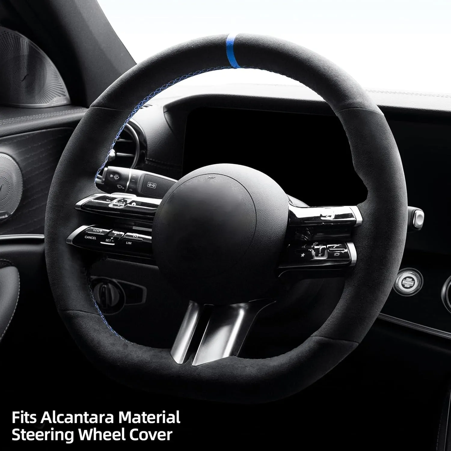 Hand Stitch Steering Wheel Cover Fits Alcantara Material for Mercedes Benz C-Class W206 E-Class W213 S-Class W223 (Blue Stripe)