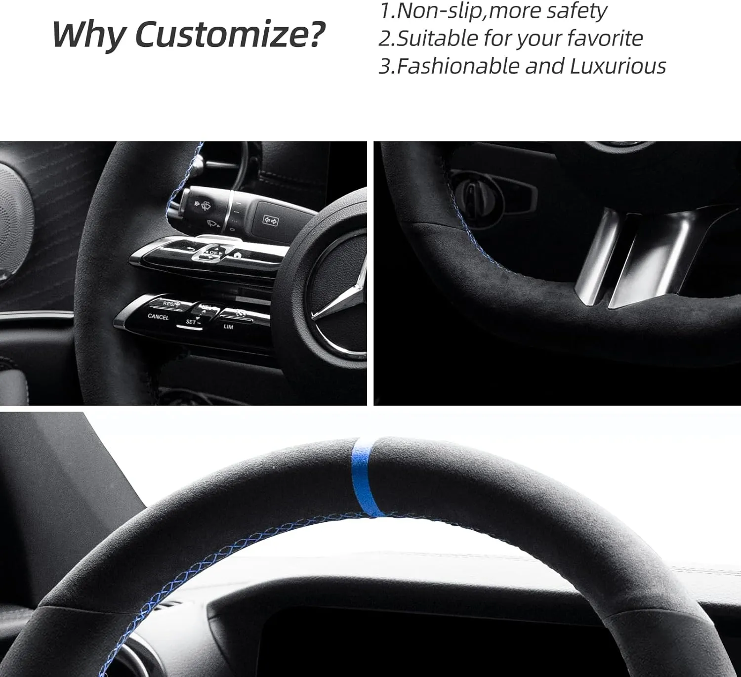 Hand Stitch Steering Wheel Cover Fits Alcantara Material for Mercedes Benz C-Class W206 E-Class W213 S-Class W223 (Blue Stripe)