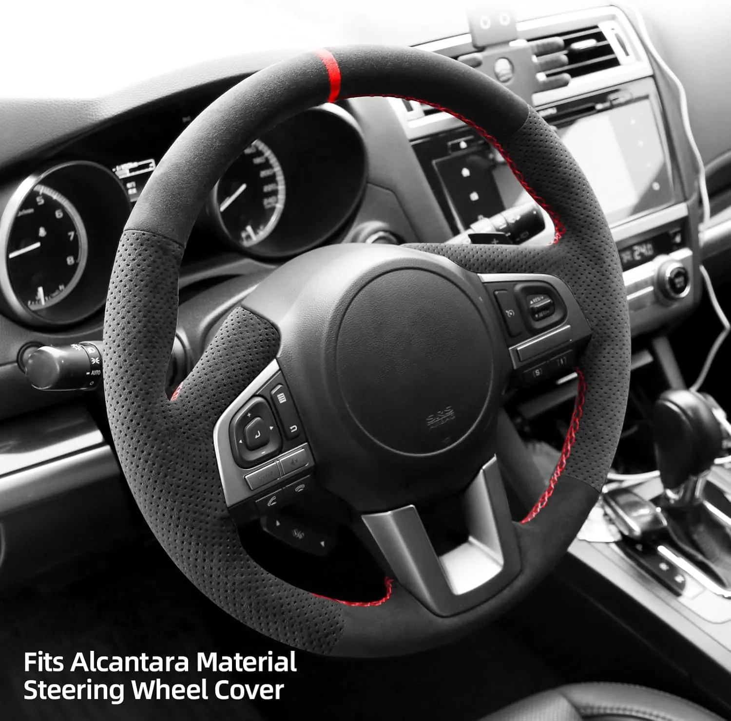 Hand Stitch Steering Wheel Cover Fits Alcantara Material for Subaru Legacy Outback XV Forester 2015-2017(Red Stripe)