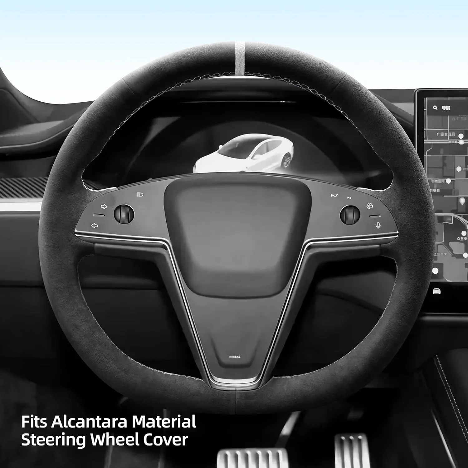 Hand Stitch Steering Wheel Cover Fits Alcantara Material for Tesla Model S Base Plaid(White Stripe)