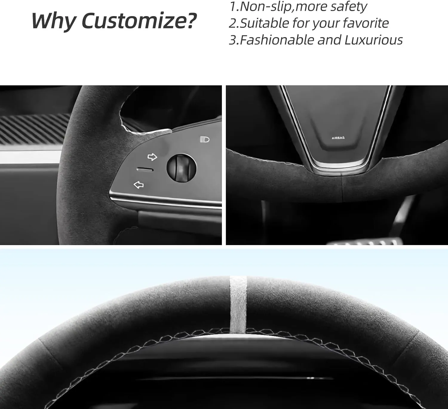 Hand Stitch Steering Wheel Cover Fits Alcantara Material for Tesla Model S Base Plaid(White Stripe)