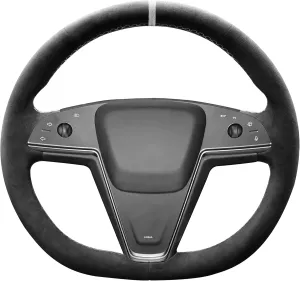 Hand Stitch Steering Wheel Cover Fits Alcantara Material for Tesla Model S Base Plaid(White Stripe)