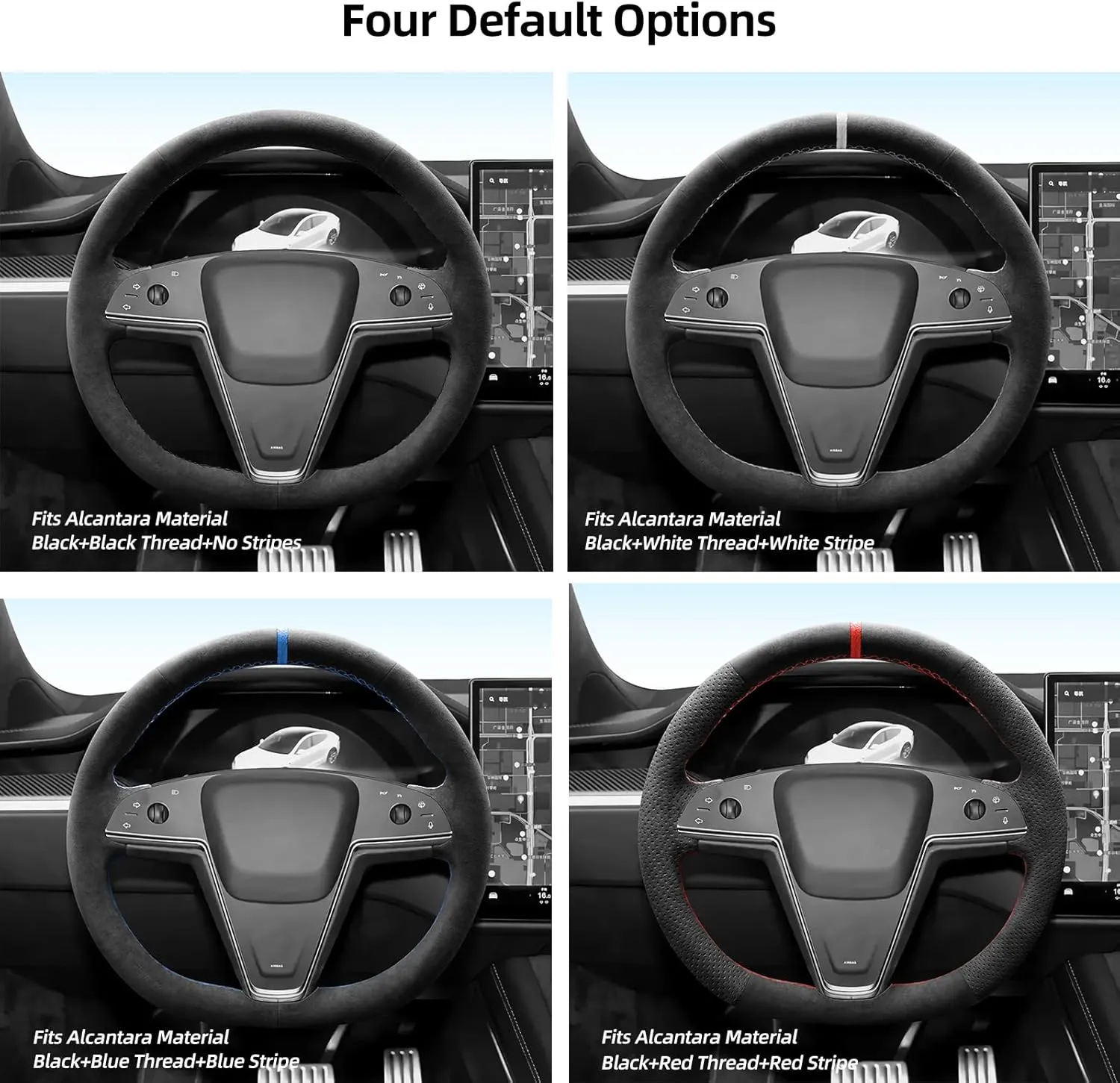 Hand Stitch Steering Wheel Cover Fits Alcantara Material for Tesla Model S Base Plaid(White Stripe)