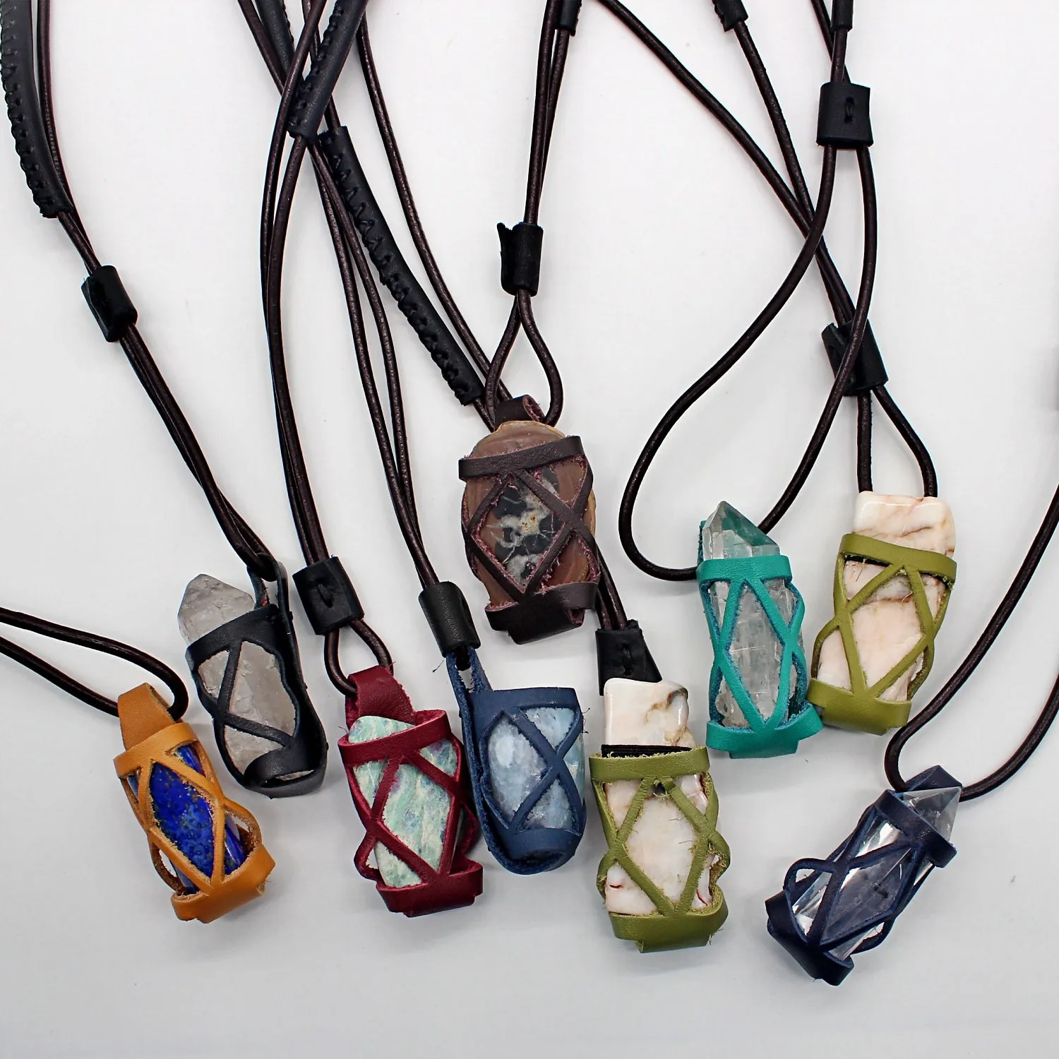 Handmade leather gemstone crystal holder/case necklace without stone (12 pack/ $8 ea.)