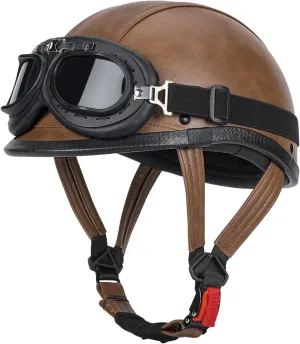 Handmade Leather Motorcycle Helmet Retro Half Face Helmet for Adults Men & Women, Lightweight Open Face 1/2 Vintage Helmets for Moped Cruiser Scooter Chopper DOT Approved