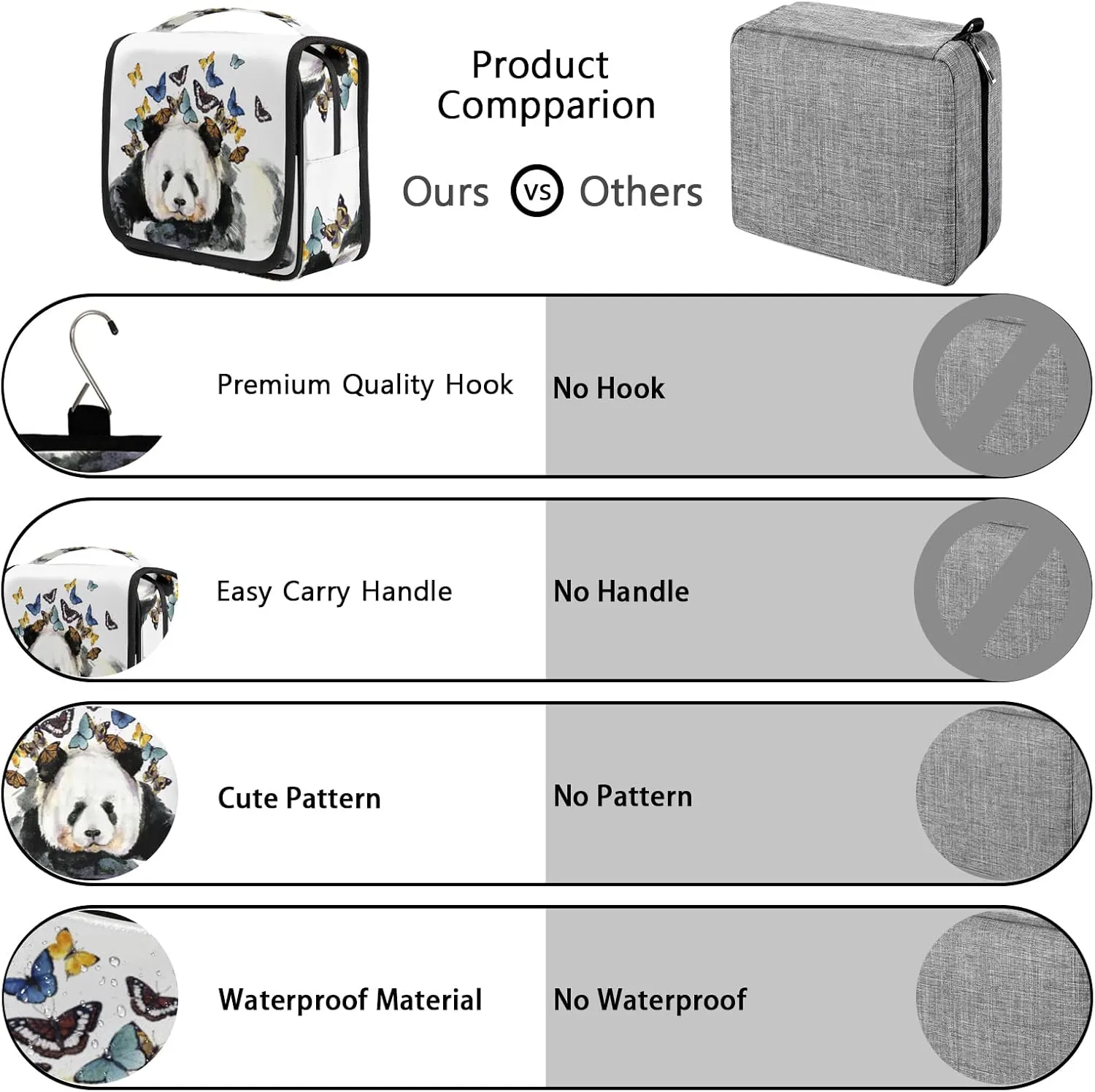 Hanging Travel Toiletry Bag Cute Panda Butterfly Large Capacity Waterproof Cosmetic Bag Travel Portable Makeup Bag Organizer for Women Girls Men