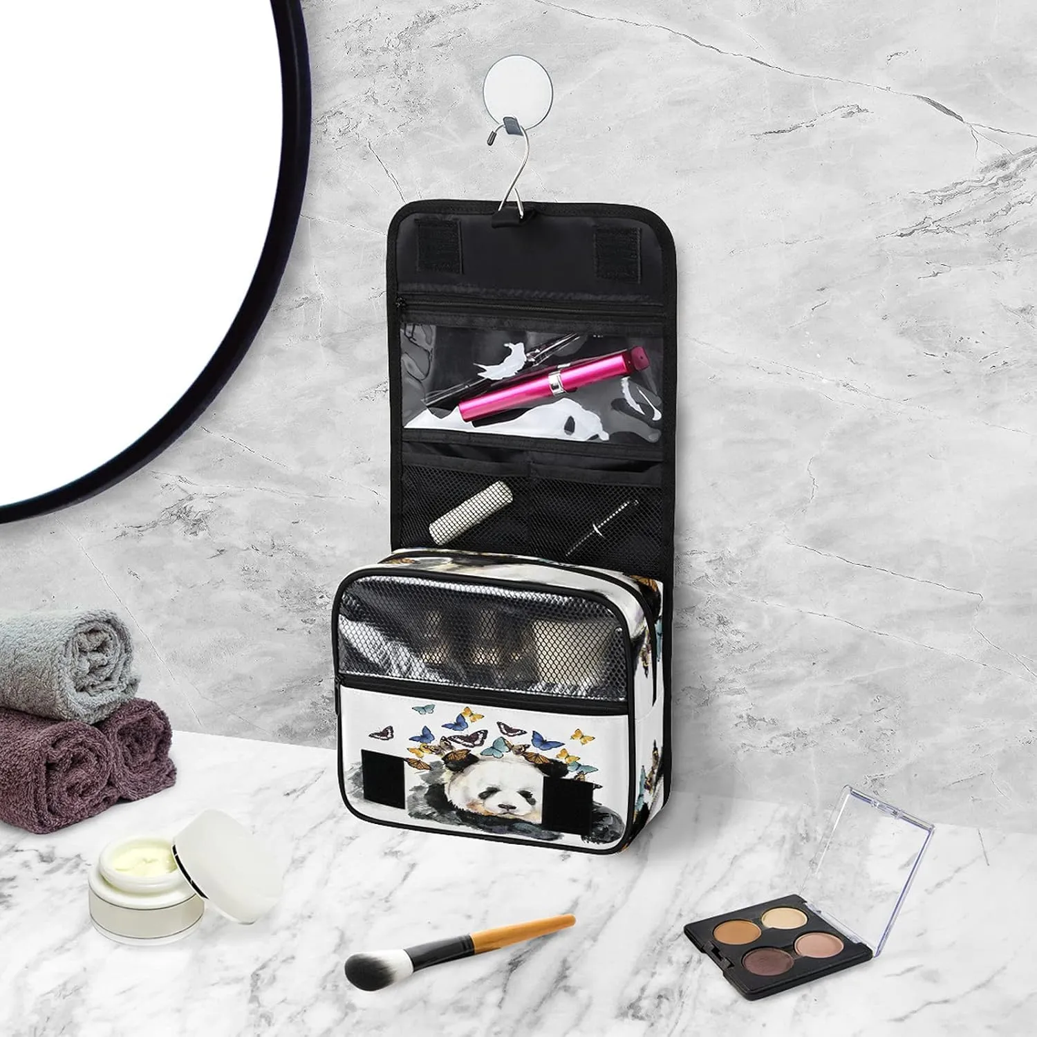 Hanging Travel Toiletry Bag Cute Panda Butterfly Large Capacity Waterproof Cosmetic Bag Travel Portable Makeup Bag Organizer for Women Girls Men