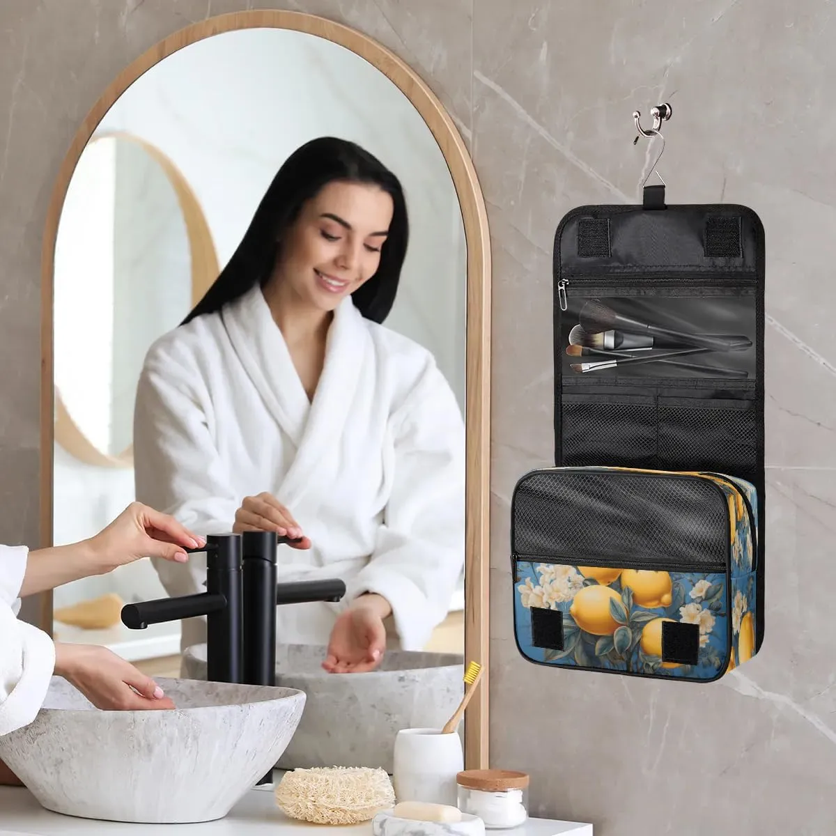 Hanging Travel Toiletry Bag Lemon Flower Toiletry Bags with Hanging Hook Portable Cosmetic Bag Makeup Organizer for Travel Business Trip
