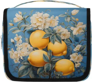 Hanging Travel Toiletry Bag Lemon Flower Toiletry Bags with Hanging Hook Portable Cosmetic Bag Makeup Organizer for Travel Business Trip