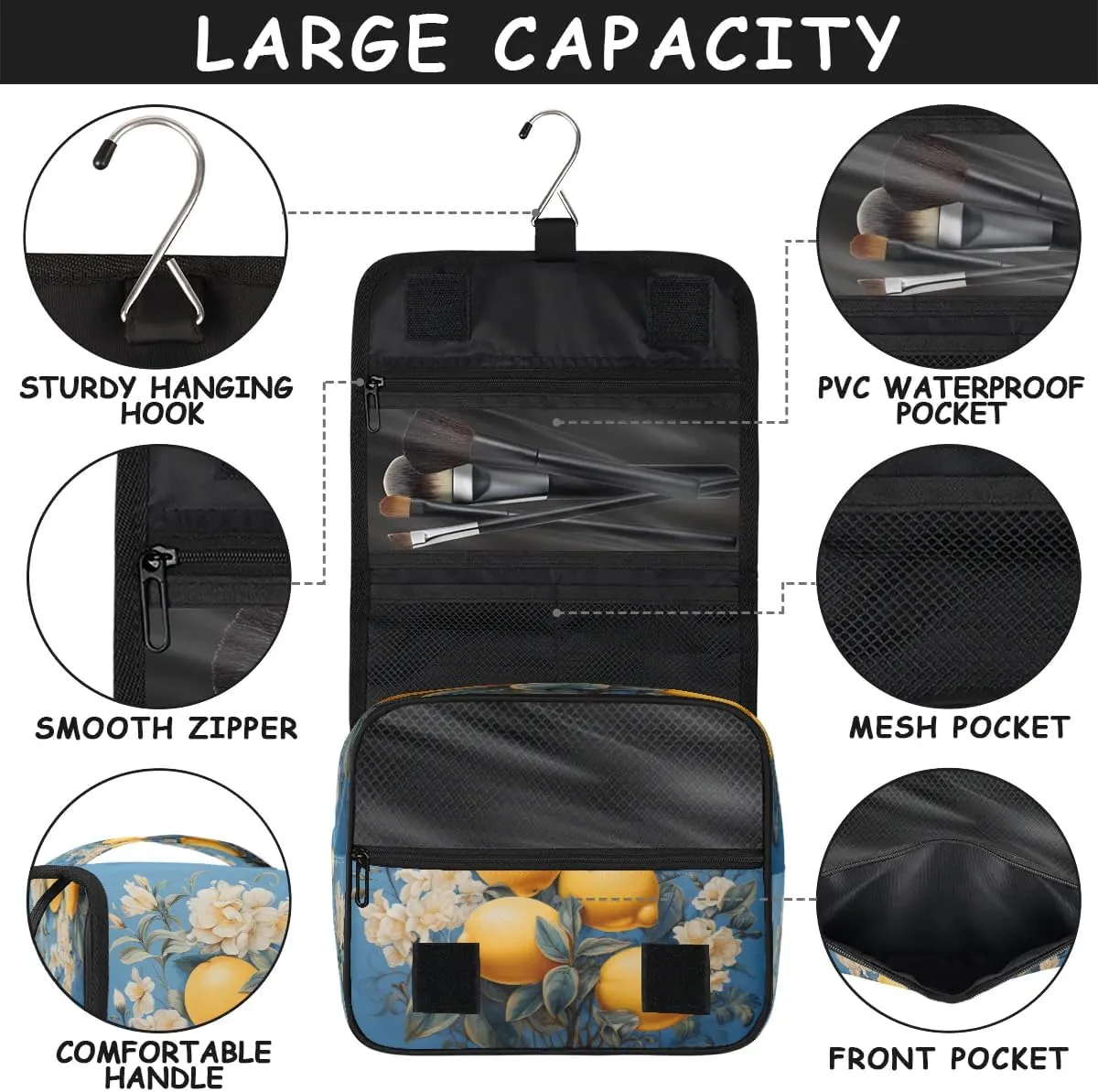 Hanging Travel Toiletry Bag Lemon Flower Toiletry Bags with Hanging Hook Portable Cosmetic Bag Makeup Organizer for Travel Business Trip