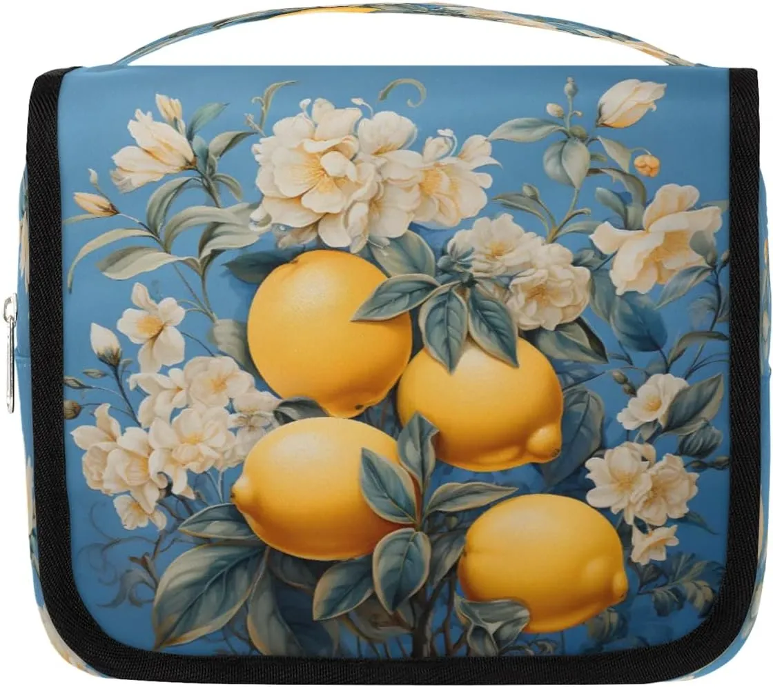 Hanging Travel Toiletry Bag Lemon Flower Toiletry Bags with Hanging Hook Portable Cosmetic Bag Makeup Organizer for Travel Business Trip